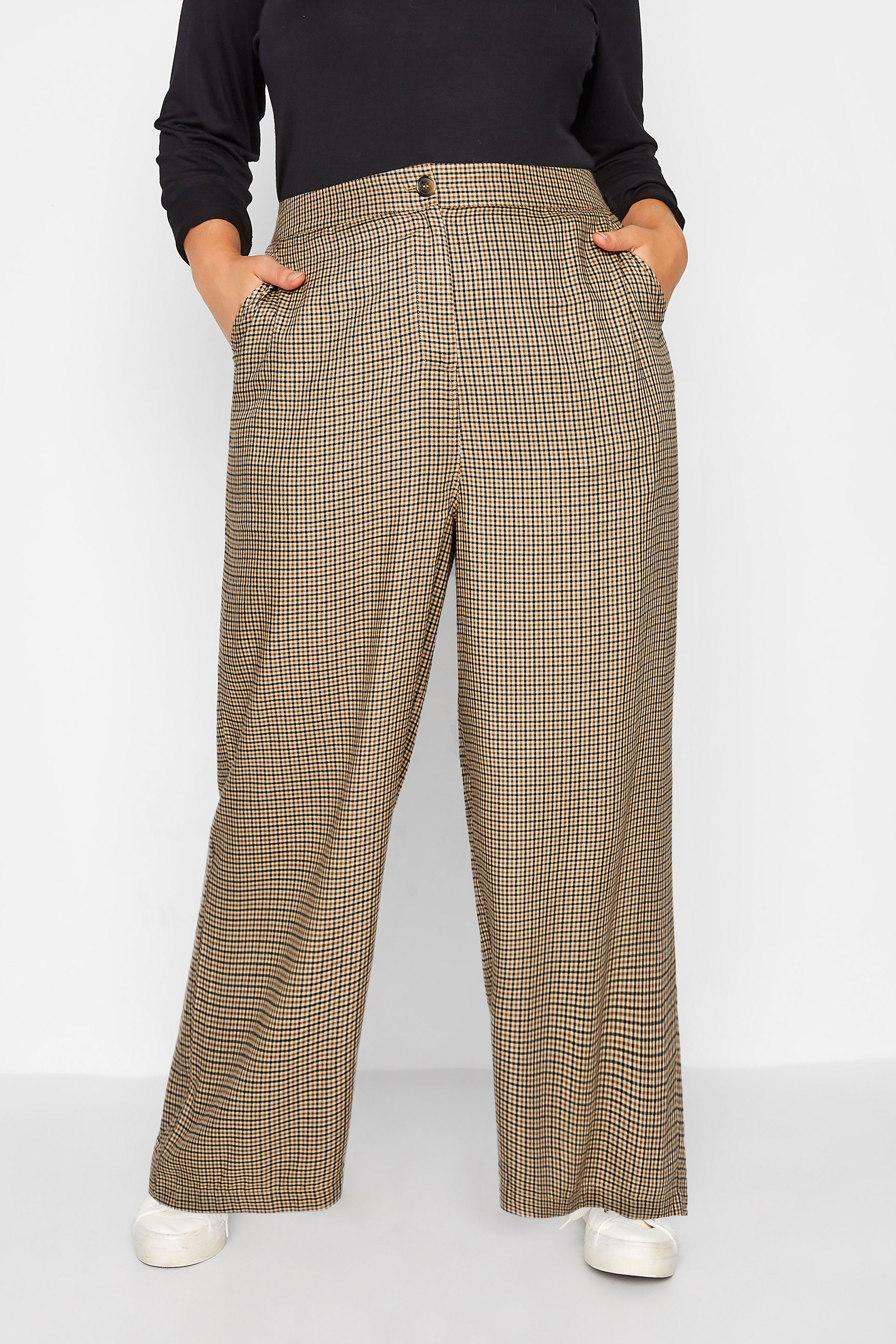 Curve Light Brown Check Wide Leg Trousers | Yours Clothing 1