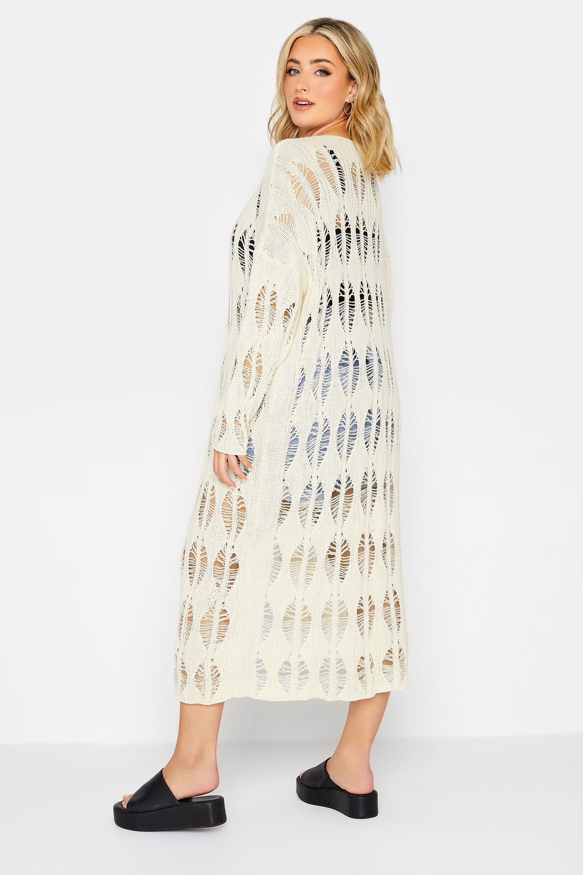 YOURS Plus Size Ivory White Crochet Longline Cardigan | Yours Clothing 3