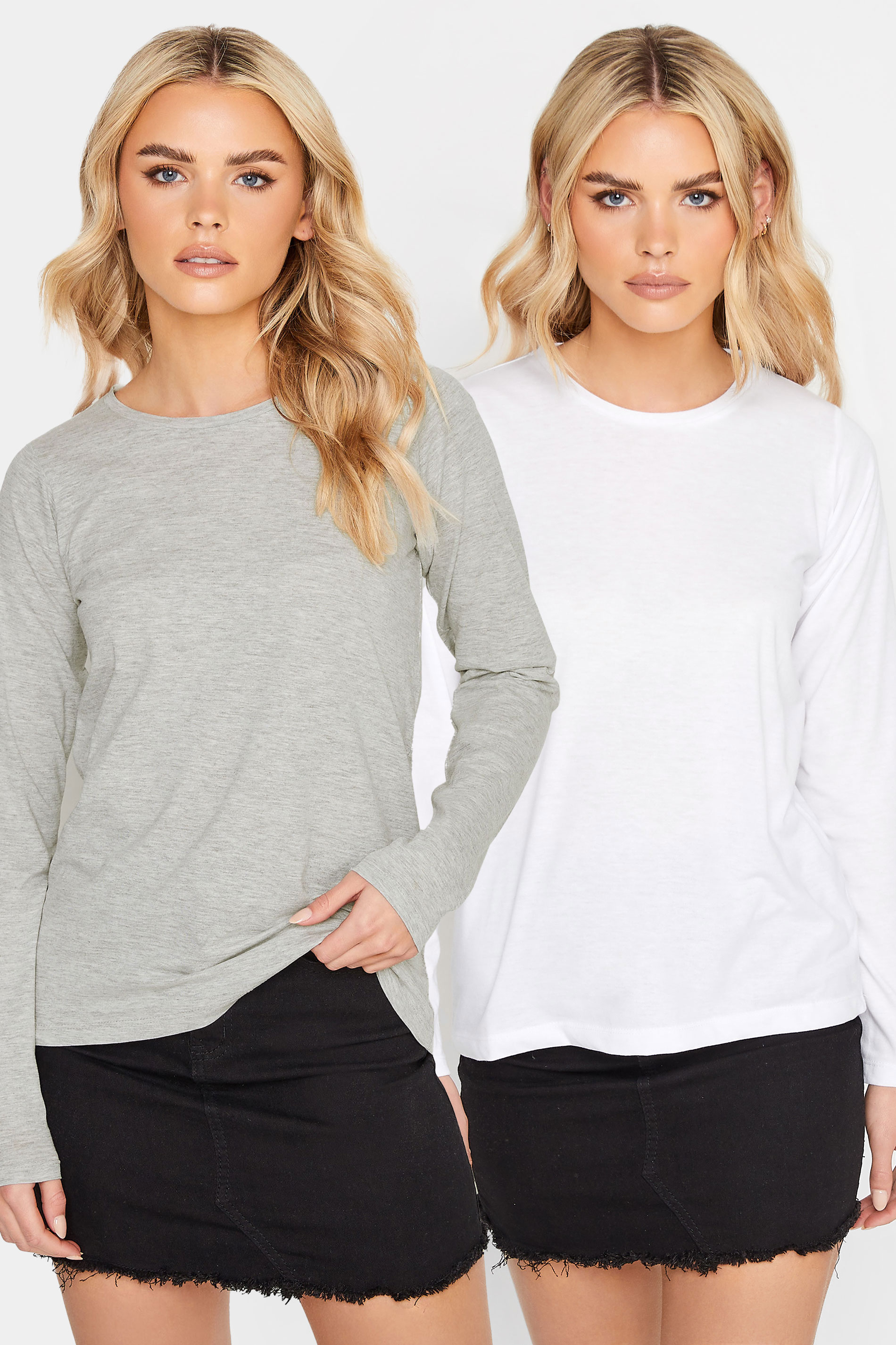2 PACK Petite Grey & White Marl Long Sleeve T-Shirt | PixieGirl 1