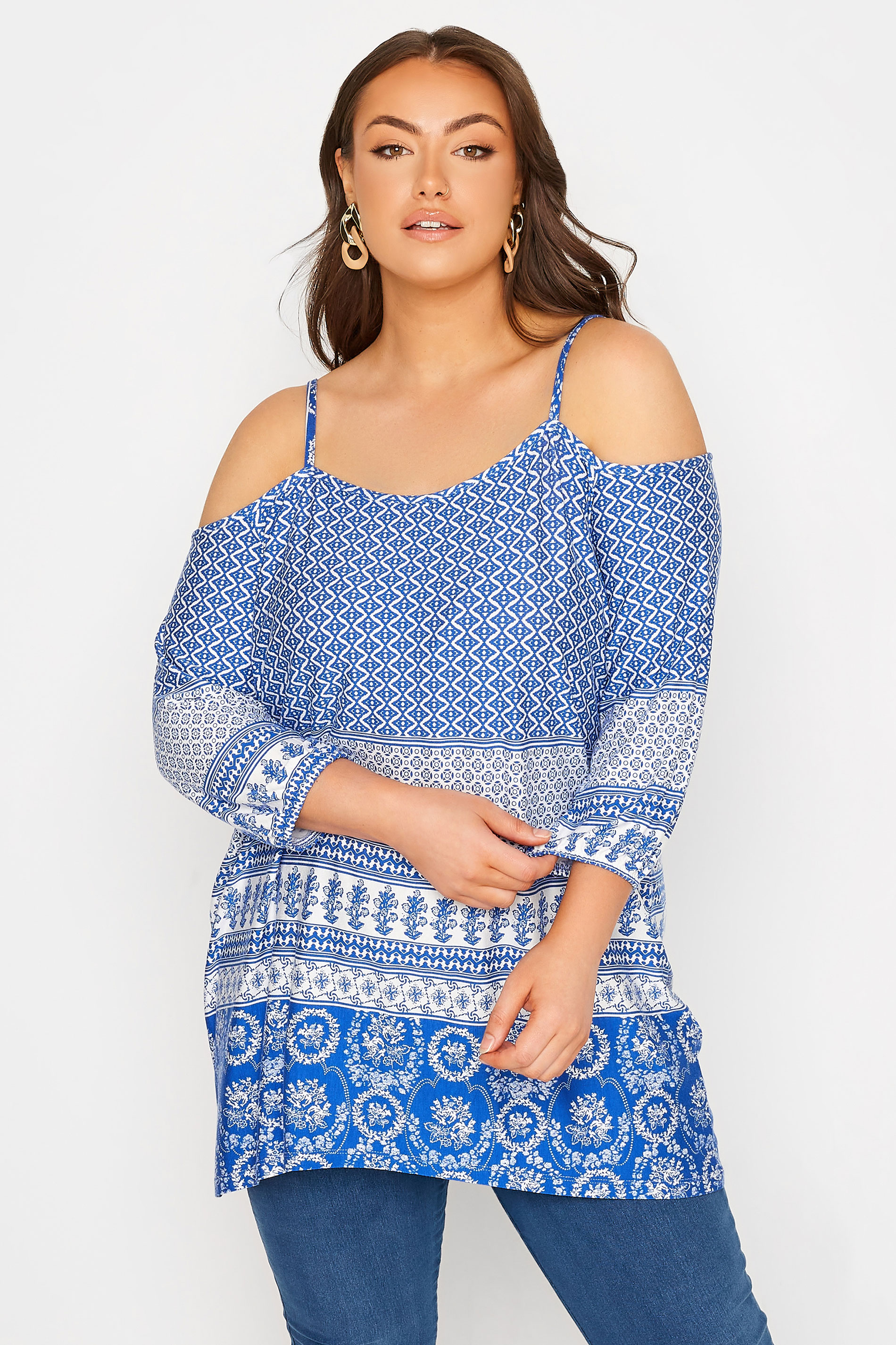 Plus Size Blue Aztec Print Cold Shoulder Top | Yours Clothing 1