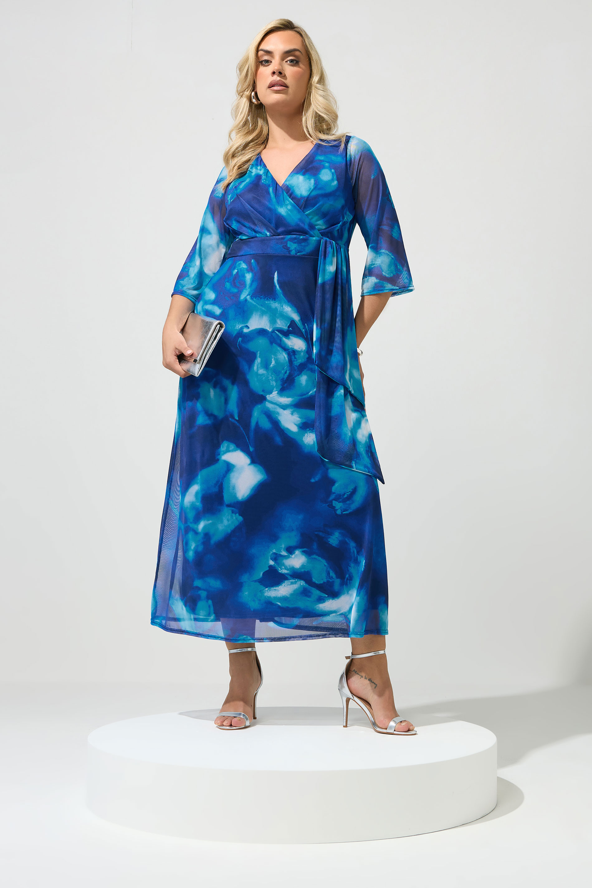 YOURS LONDON Plus Size Blue Abstract Mesh Wrap Dress | Yours Clothing 1