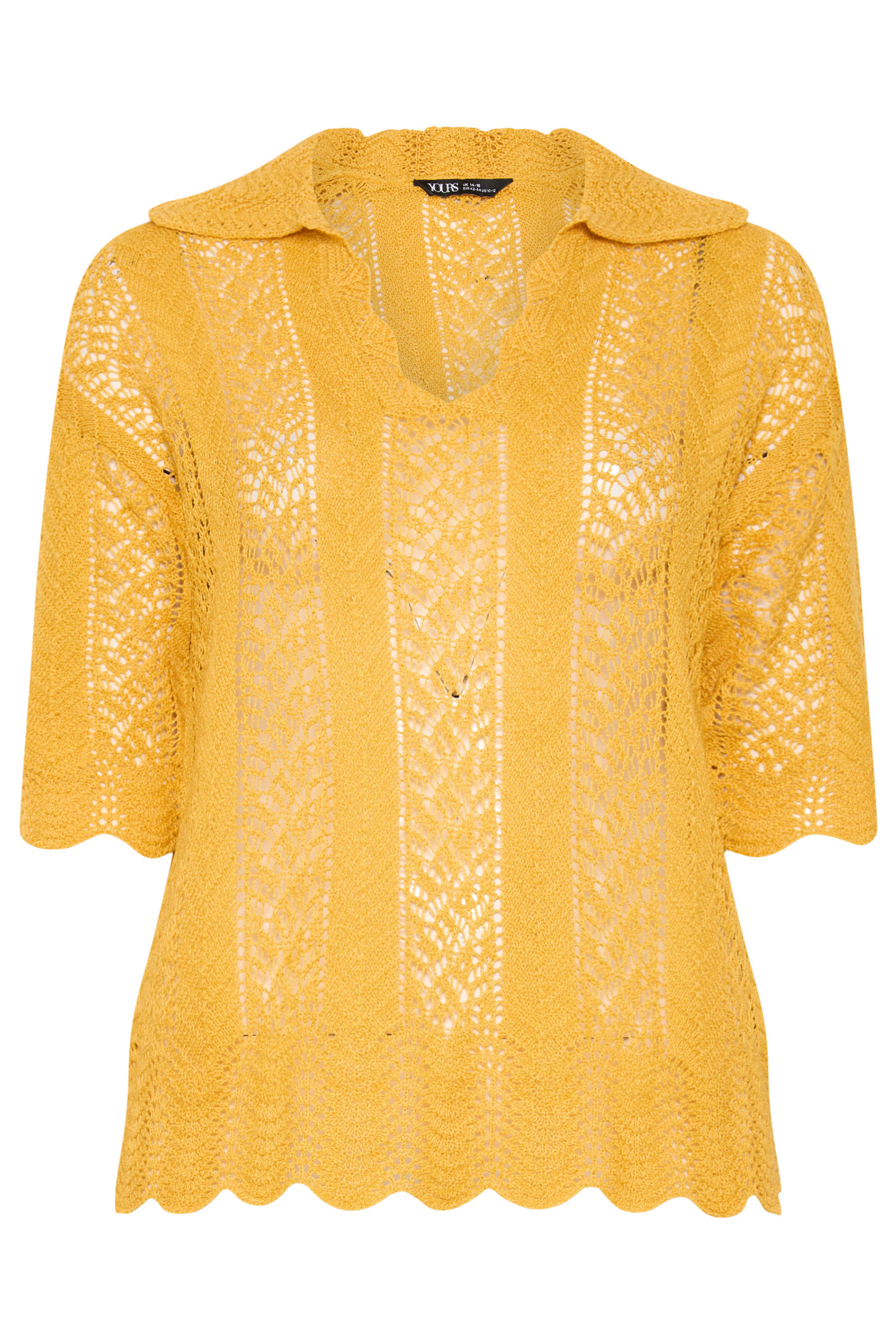 YOURS Plus Size Mustard Yellow Pointelle Knitted T-Shirt | Yours Clothing 5