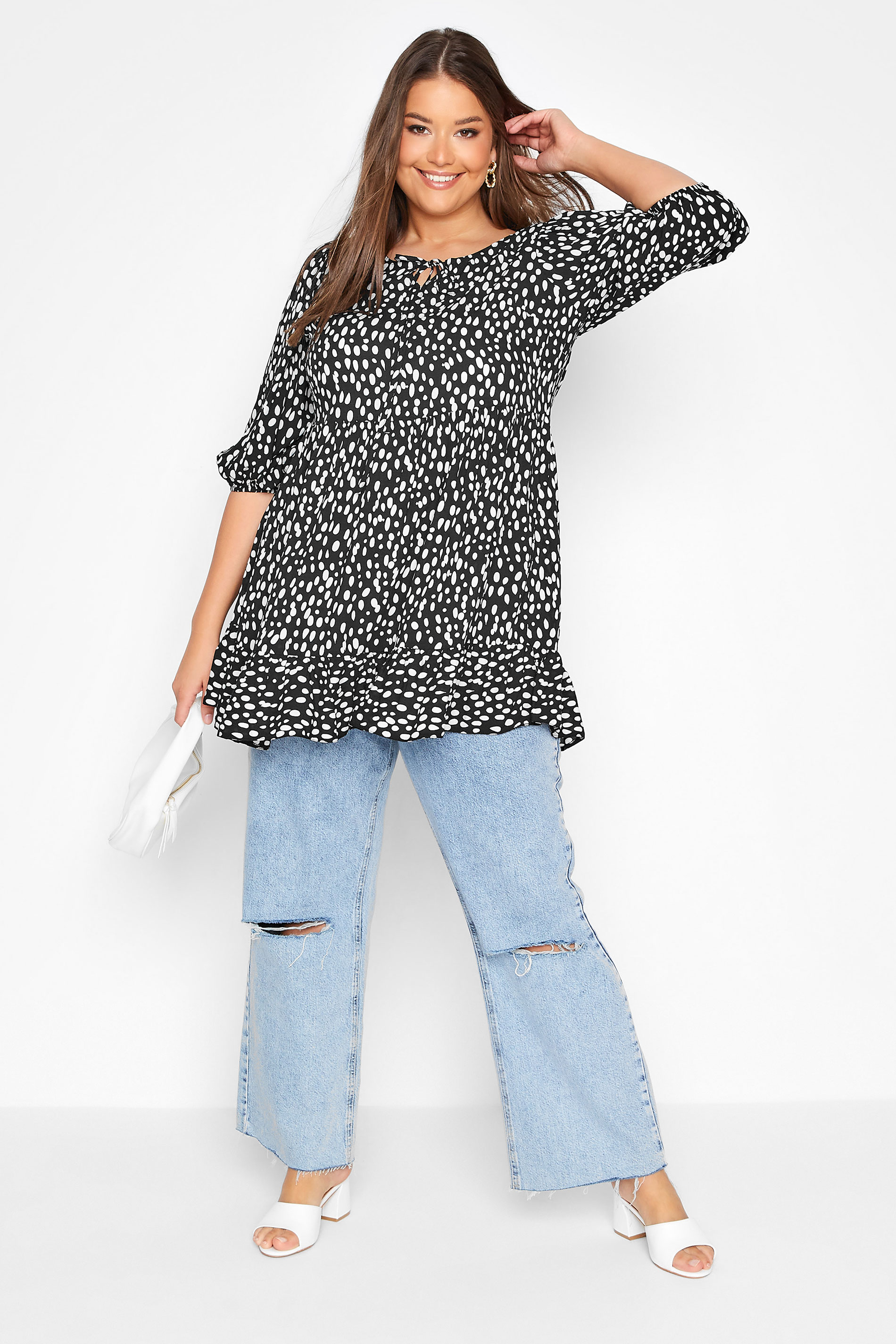 Plus Size Black Spot Print Tie Neck Tiered Smock Top | Yours Clothing  2