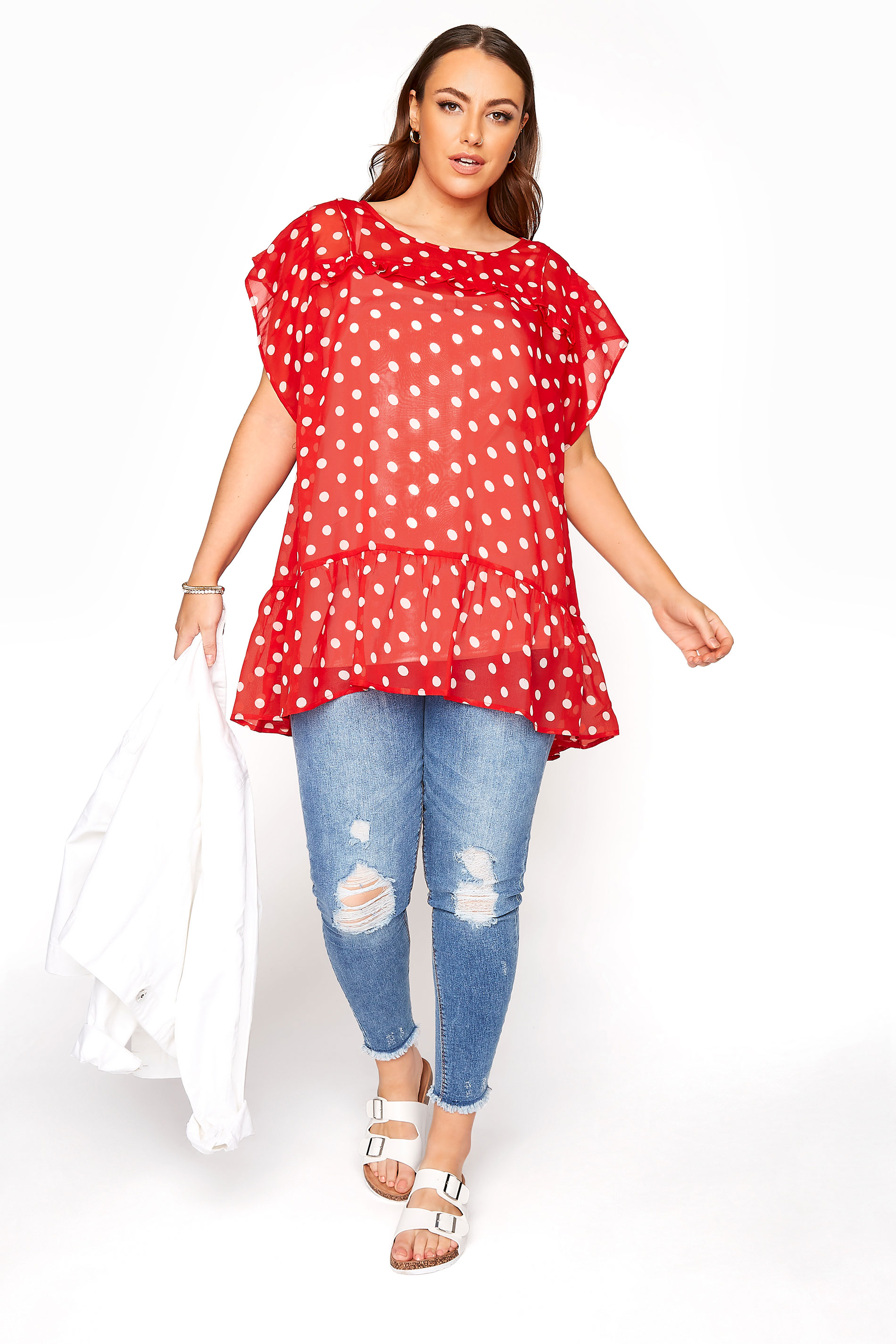 Red Polka Dot Frill Hem Tunic | Yours Clothing
