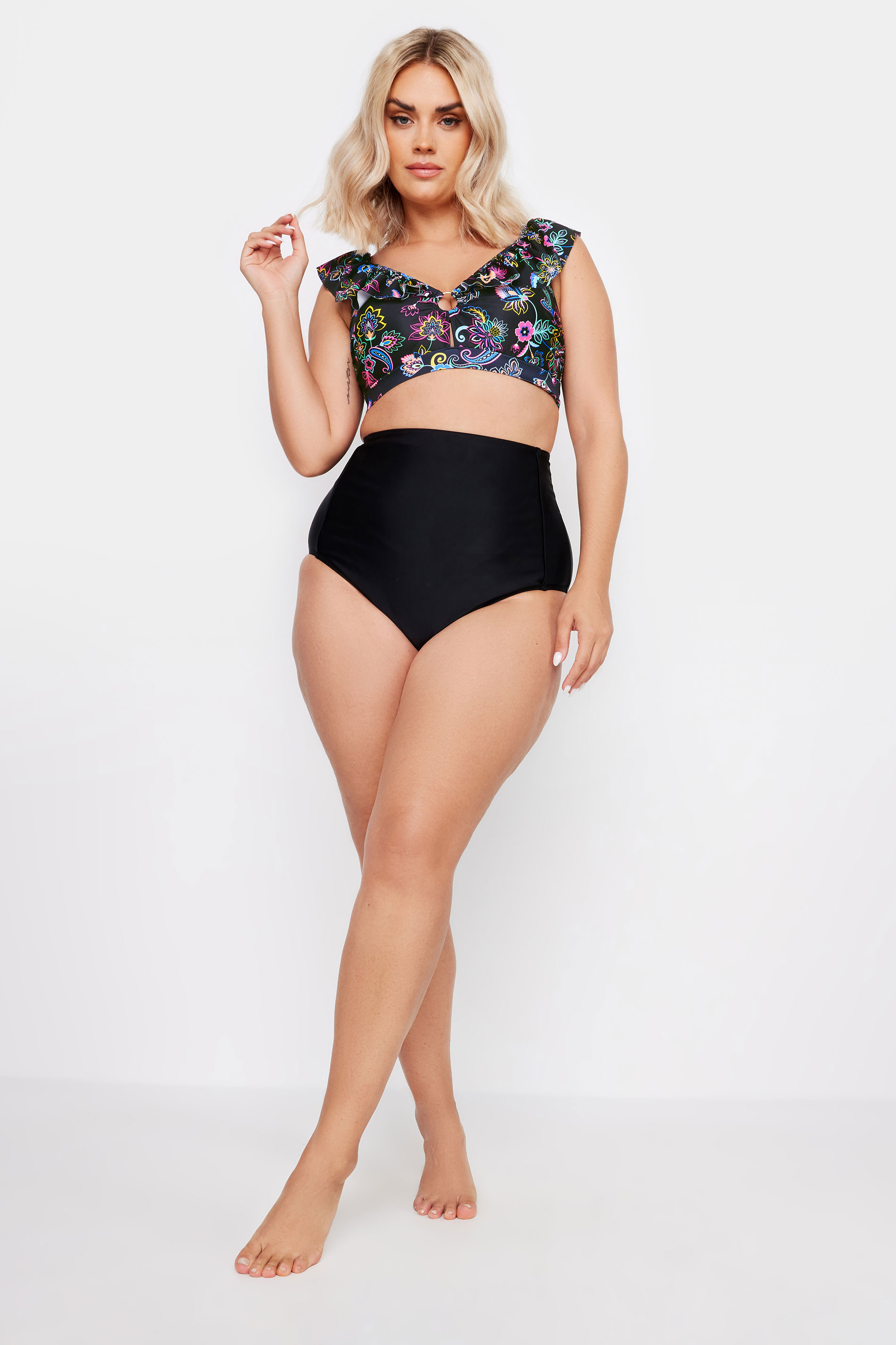 YOURS Plus Size Black Paisley Print Frill Bikini Top | Yours Clothing 2
