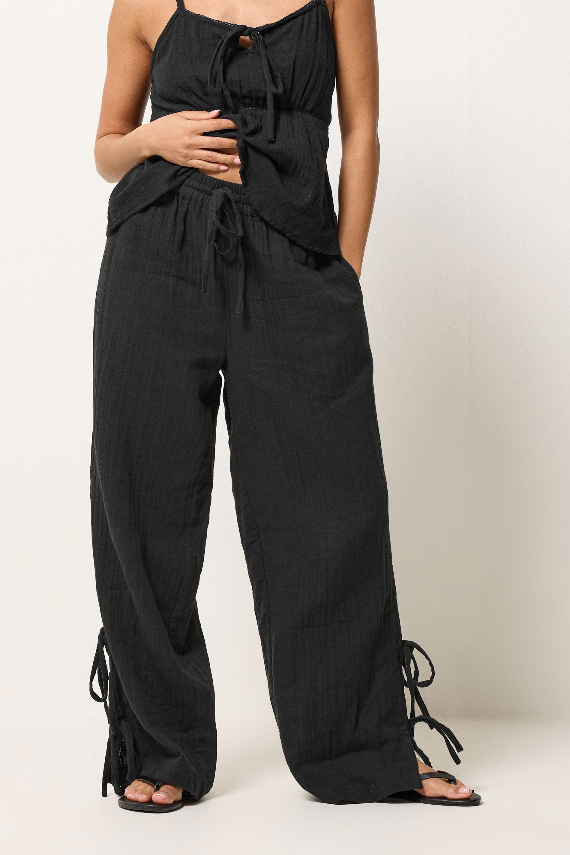 PixieGirl Petite Women's Black Tie Cotton Cheesecloth Wide Leg Trousers | PixieGirl 2