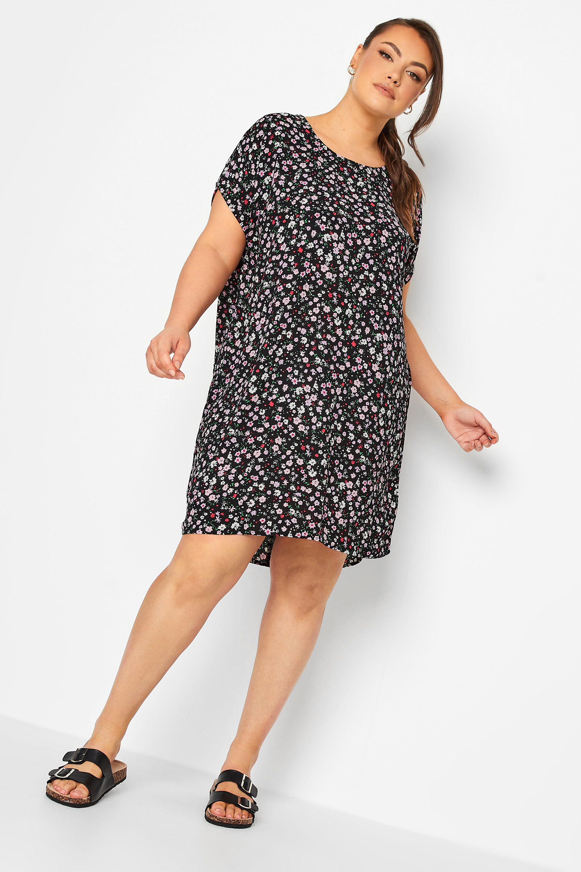 YOURS Plus Size Black Ditsy Print Shift Dress | Yours Clothing 1