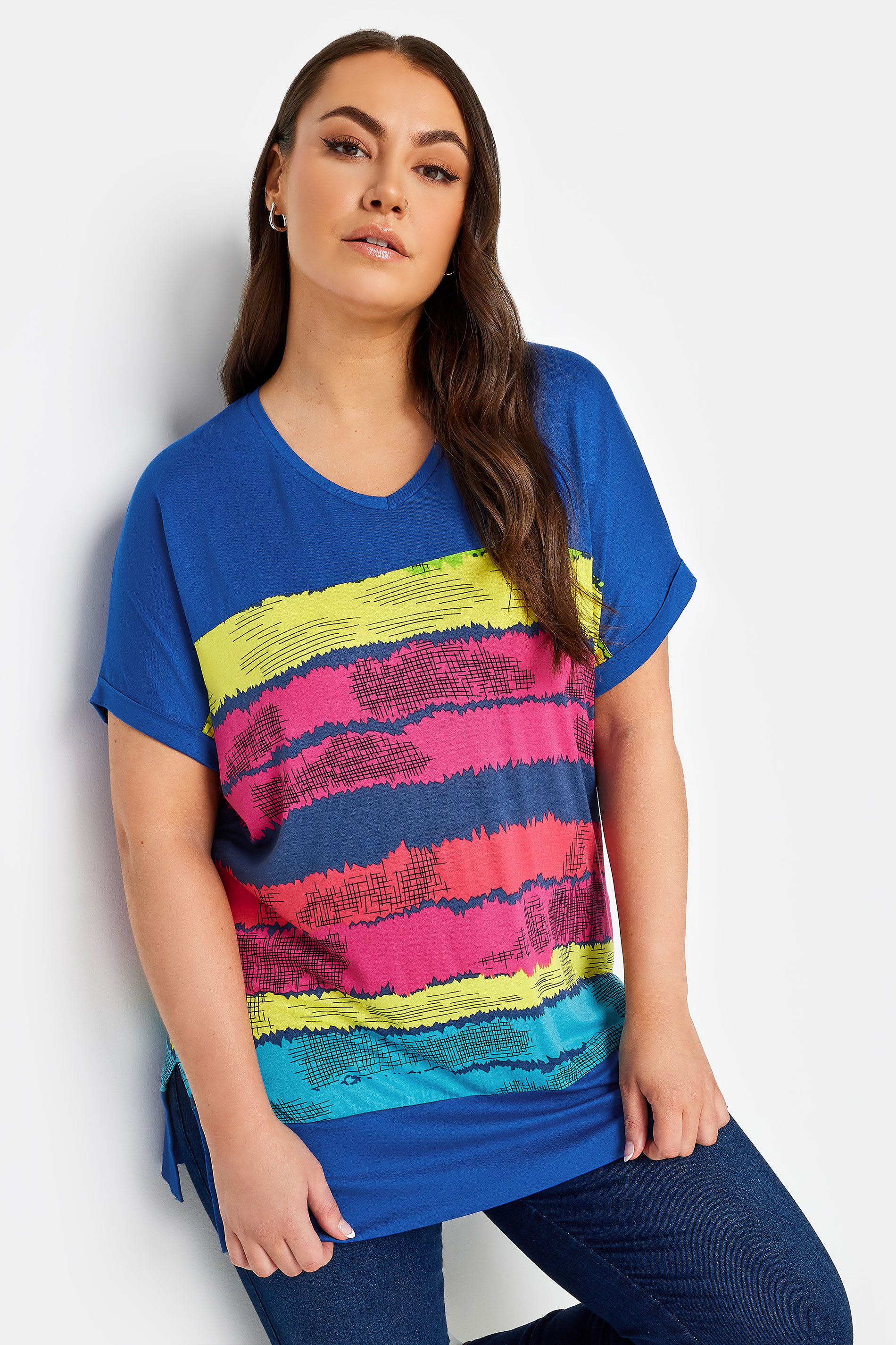 YOURS Plus Size Blue Abstract Stripe Print Top | Yours Clothing 1