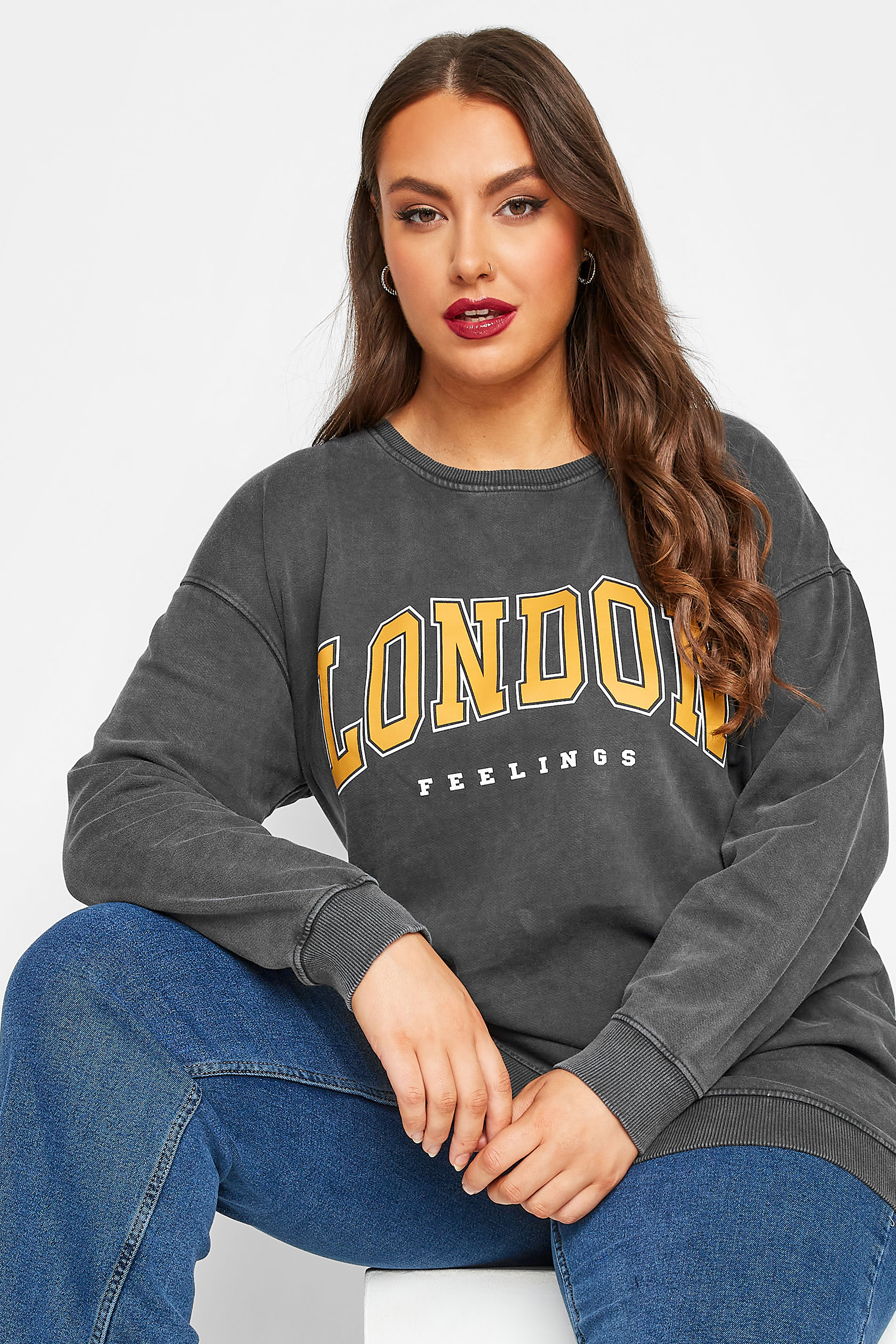 Plus Size Charcoal Grey 'London' Slogan Sweatshirt | Yours Clothing 1