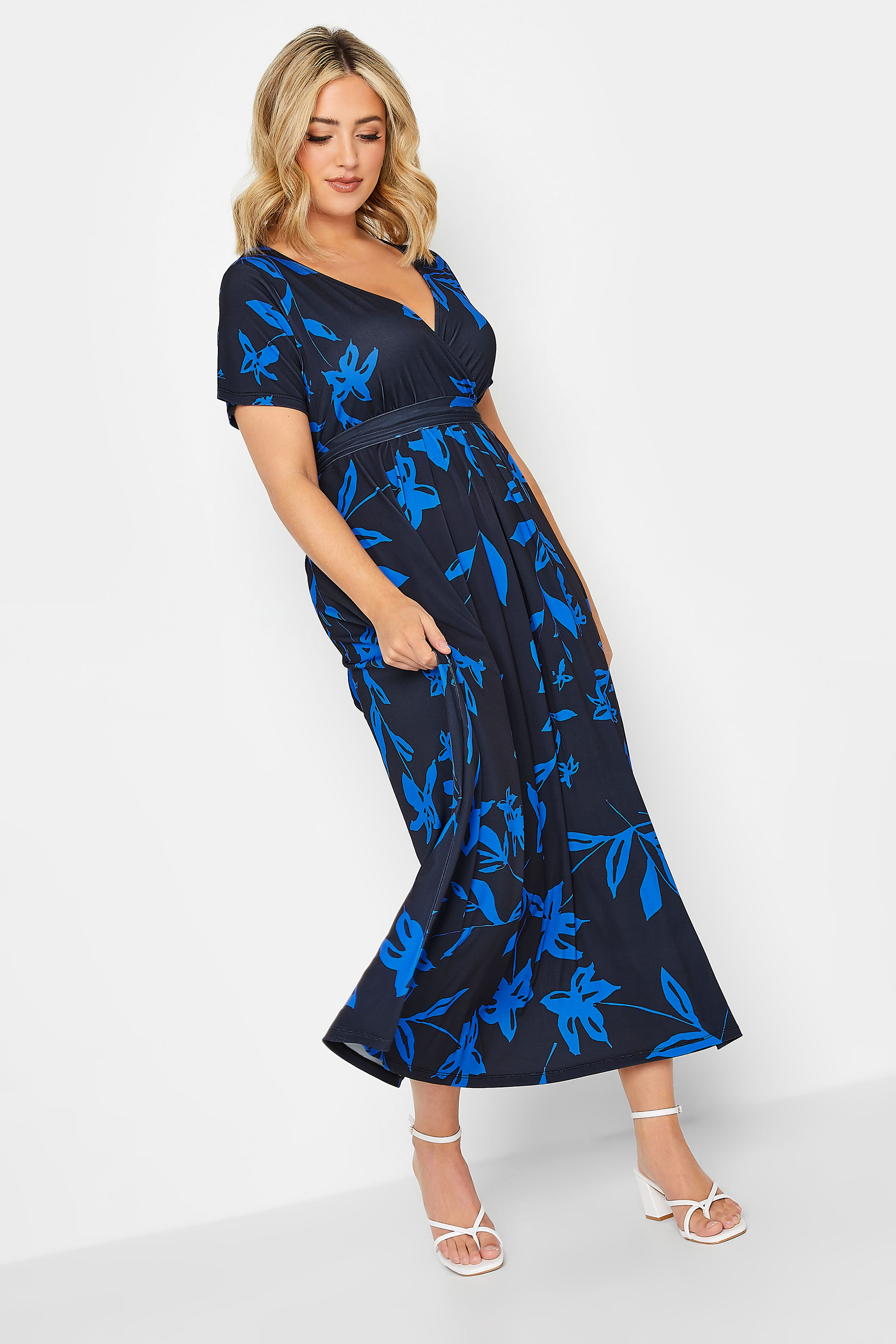 YOURS Curve Plus Size Cobalt Blue Leaf Print Maxi Wrap Dress | Yours Clothing  2
