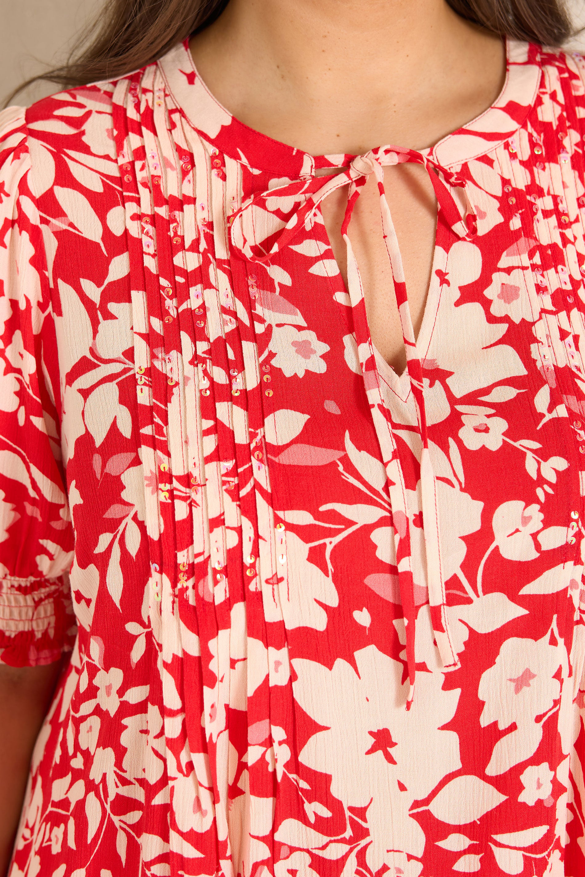 EVANS Plus Size Red Floral Pintuck Tie Neck Blouse | Evans 5