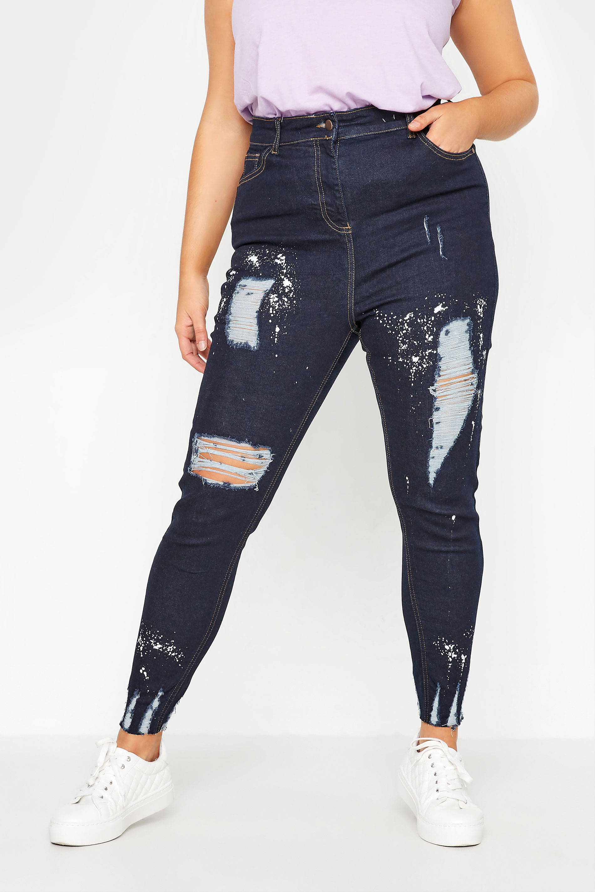 Curve Blue Ripped Paint Skinny AVA Jeans 1