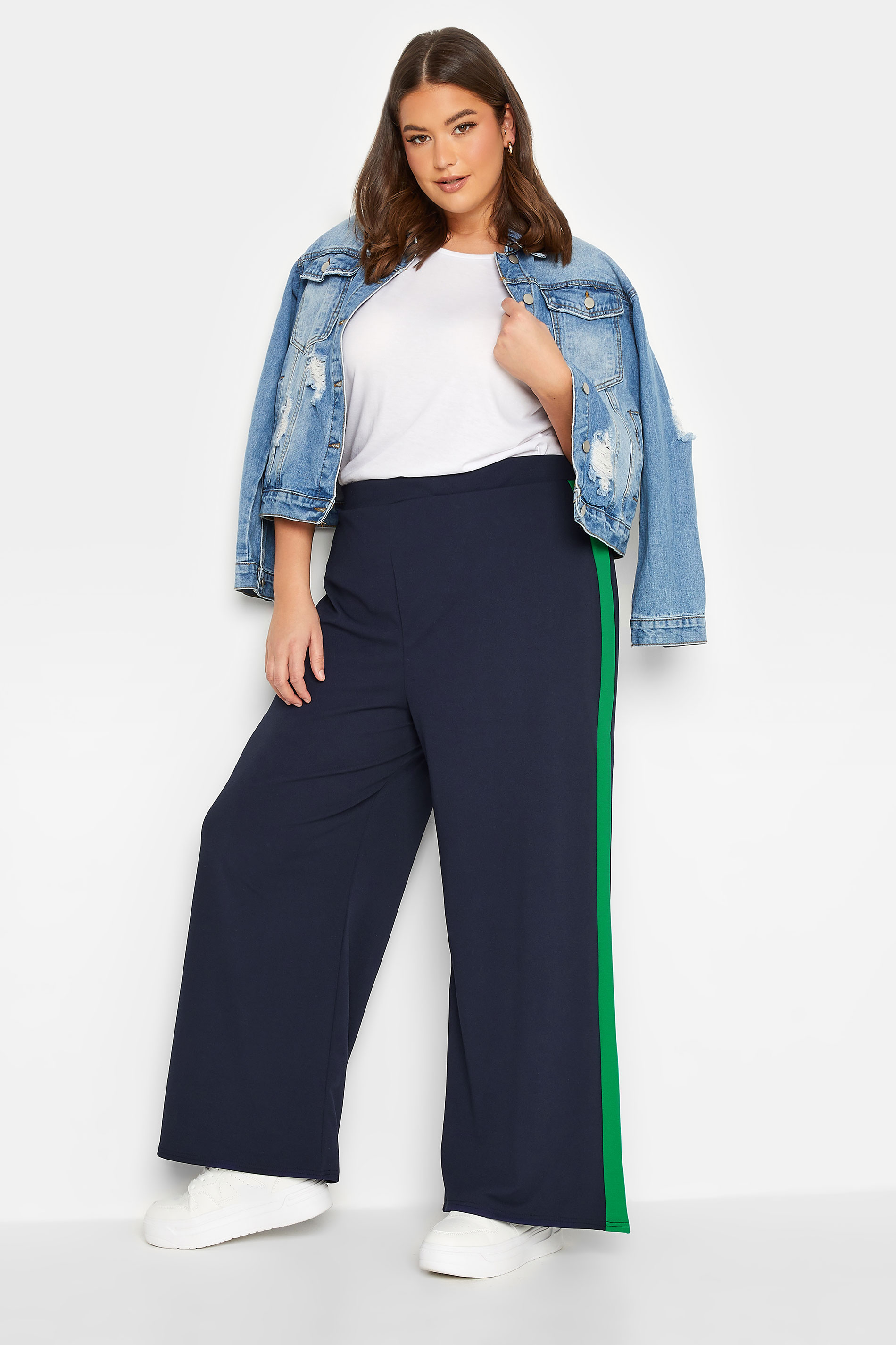 YOURS Plus Size Navy Blue Contrast Stripe Super Wide Leg Trousers | Yours Clothing 3