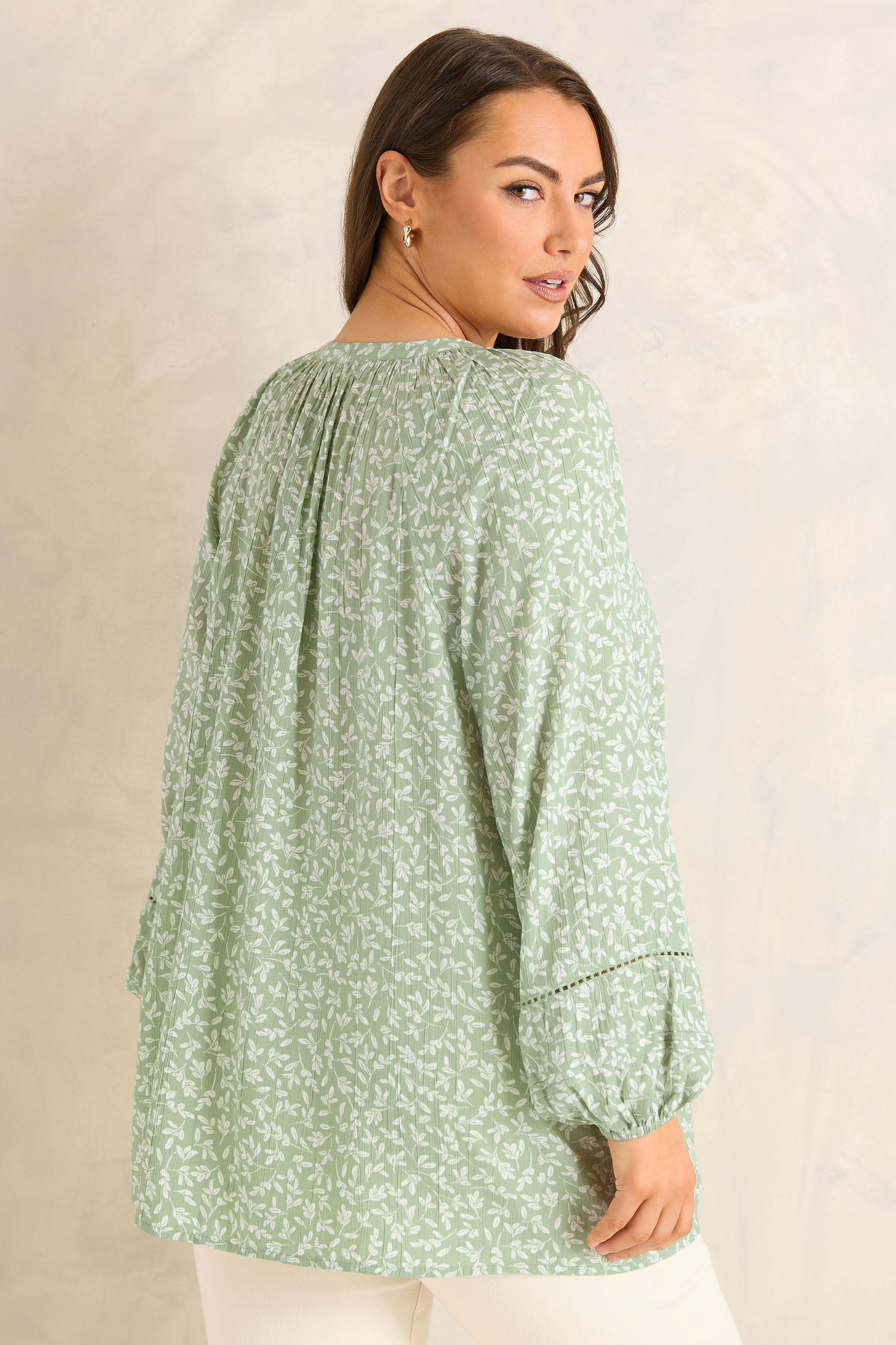 EVANS Plus Size Sage Green Ditsy Tie Neck Blouse | Evans 2