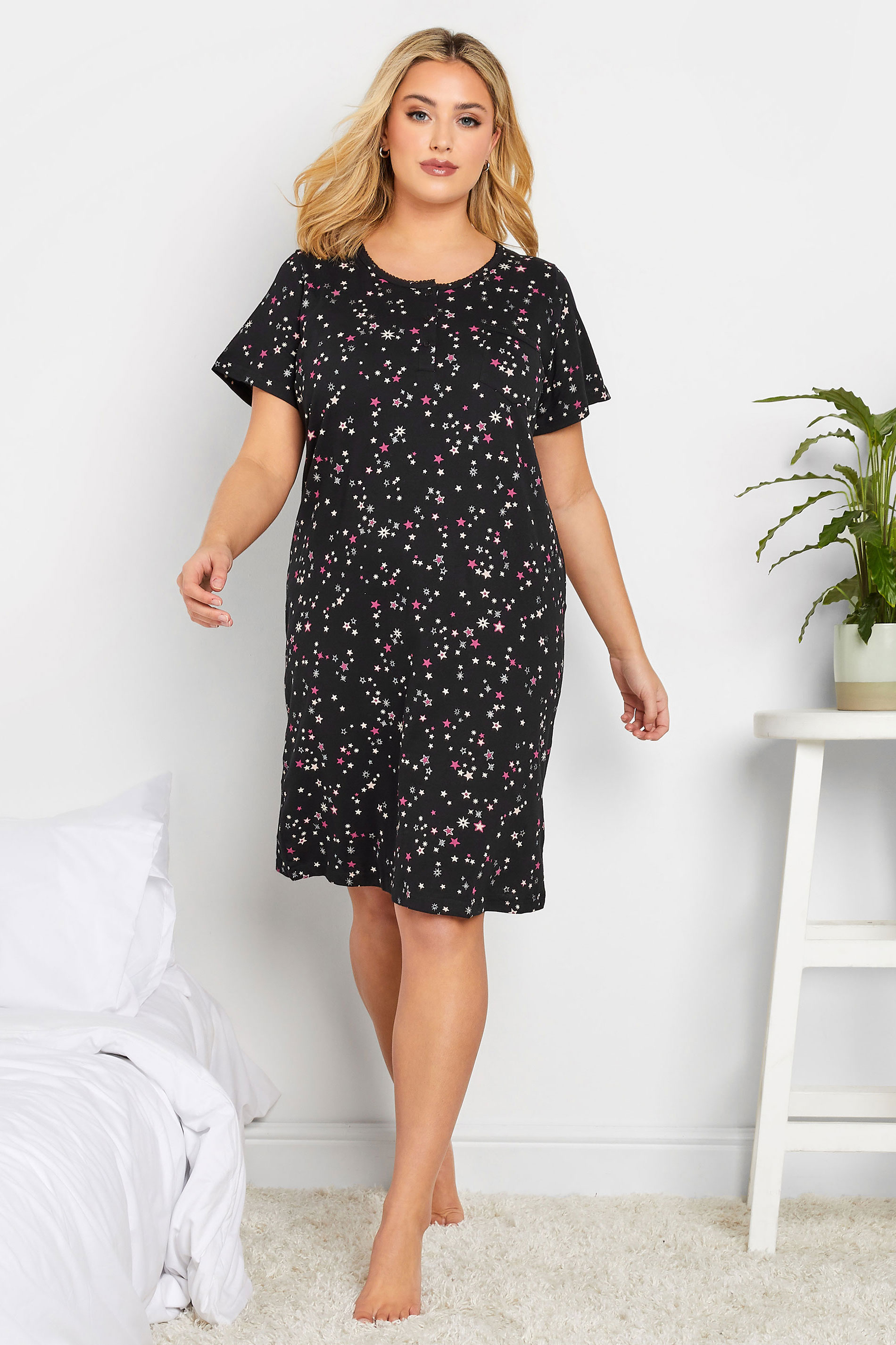 Curve Black Sparkle Star Placket Nightdress | Yours Clothing 1