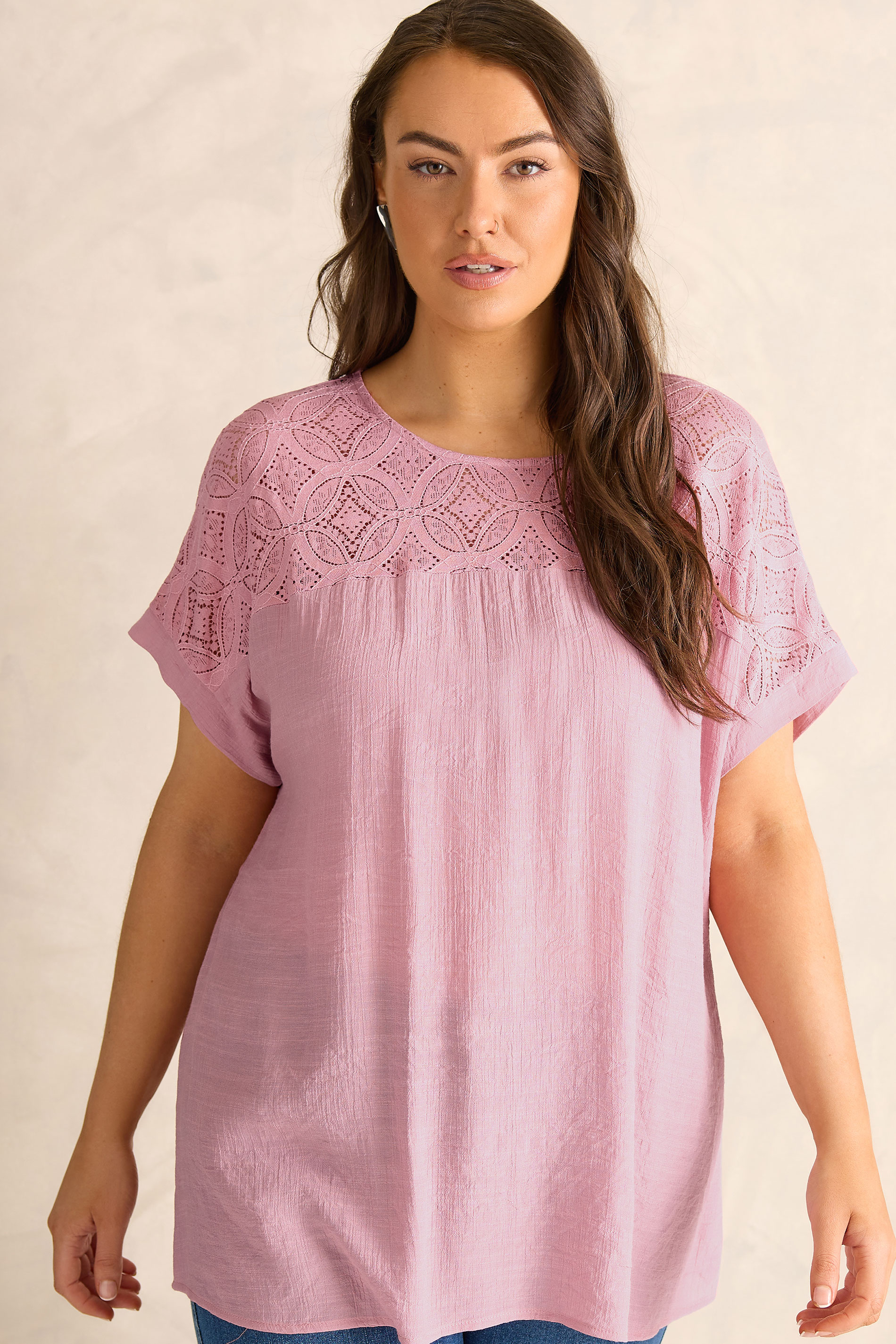 EVANS Plus Size Pink Lace Detail Short Sleeve Top | Evans  3