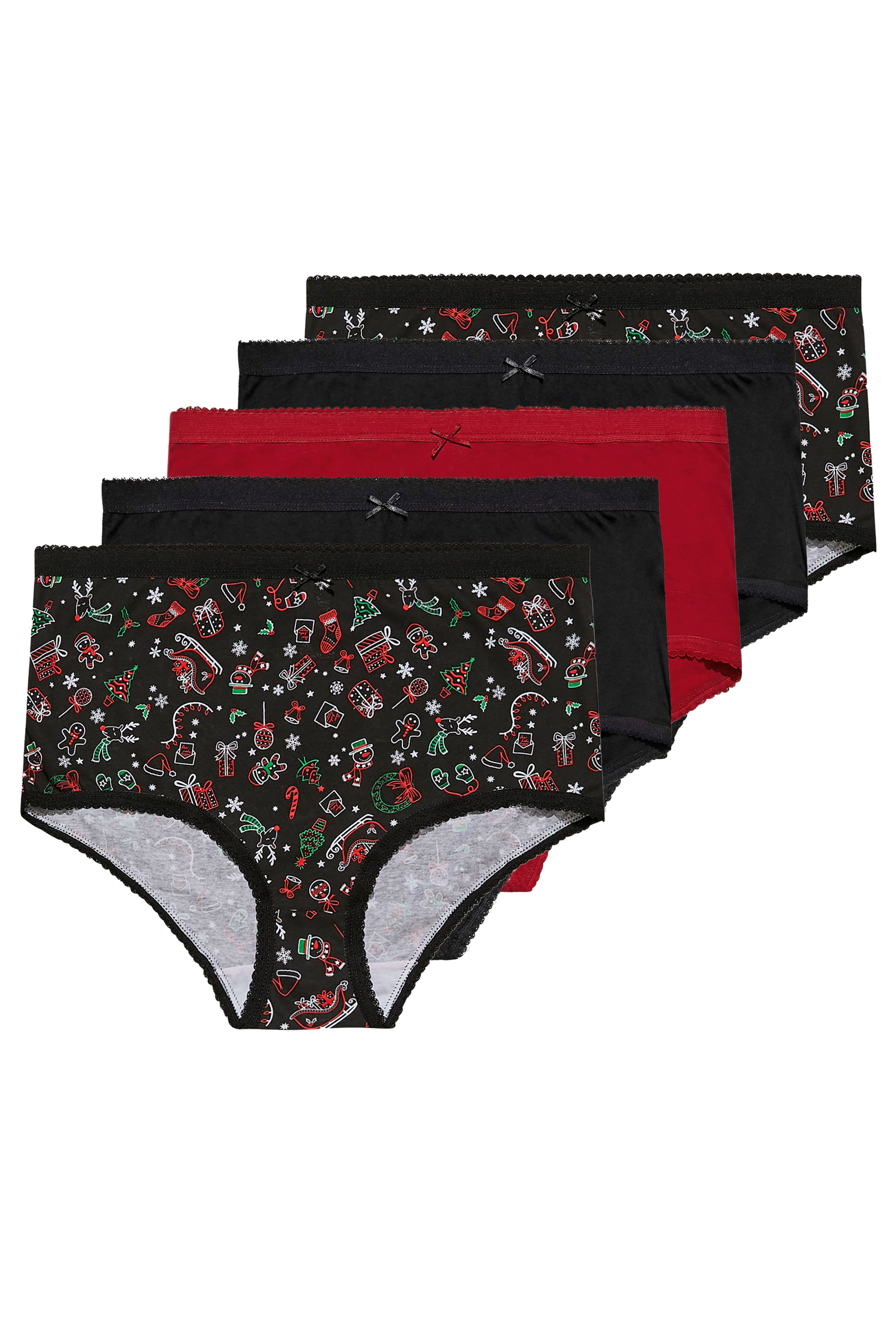 5 PACK Black Christmas Print Cotton High Waisted Full Briefs | Yours Clothing 3