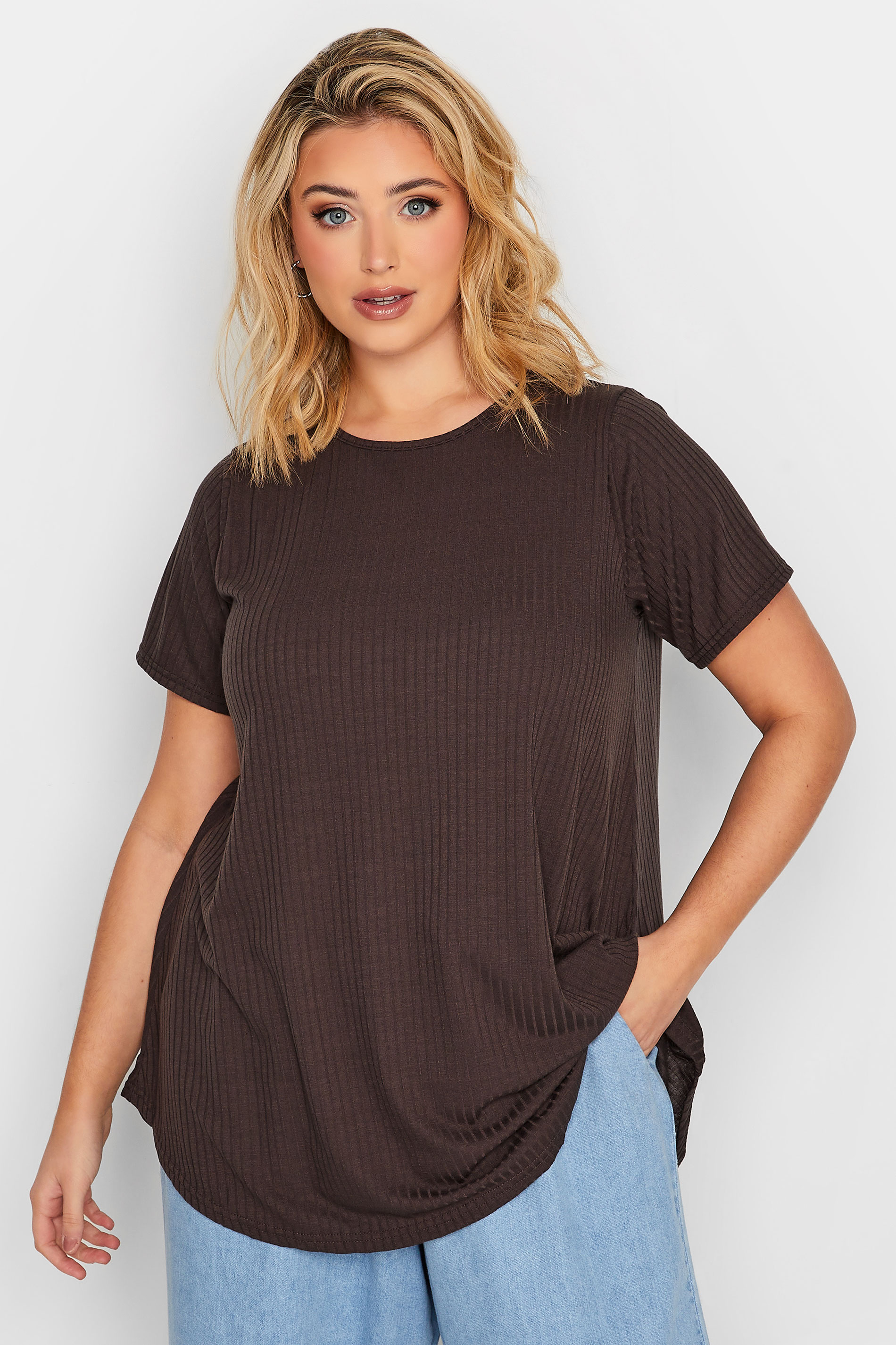 LIMITED COLLECTION Plus Size Chocolate Brown Ribbed Swing Top | Yours Clothing 1