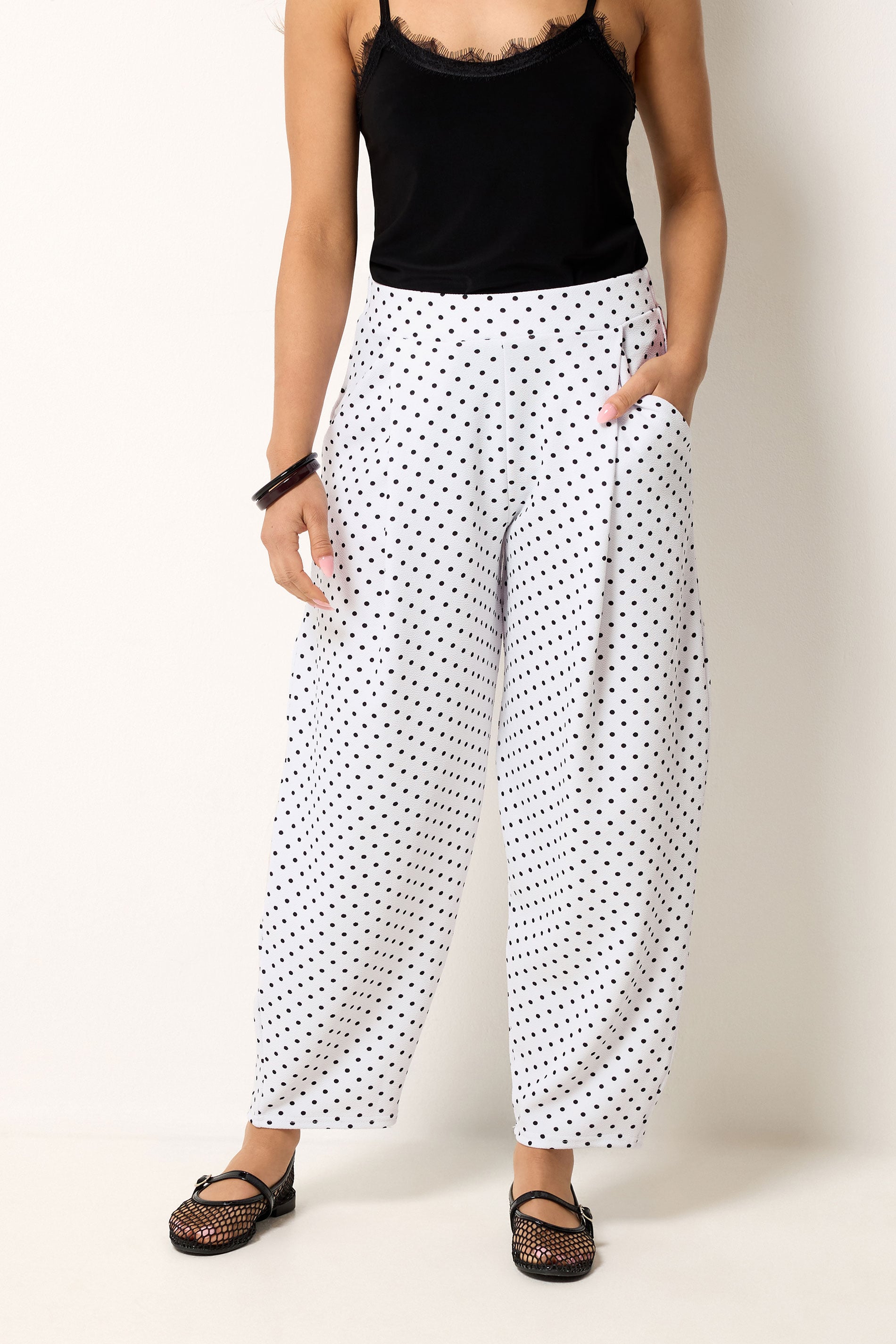 PixieGirl Petite Women's White Polka Dot Crinkle Barrel Leg Trousers | PixieGirl 5