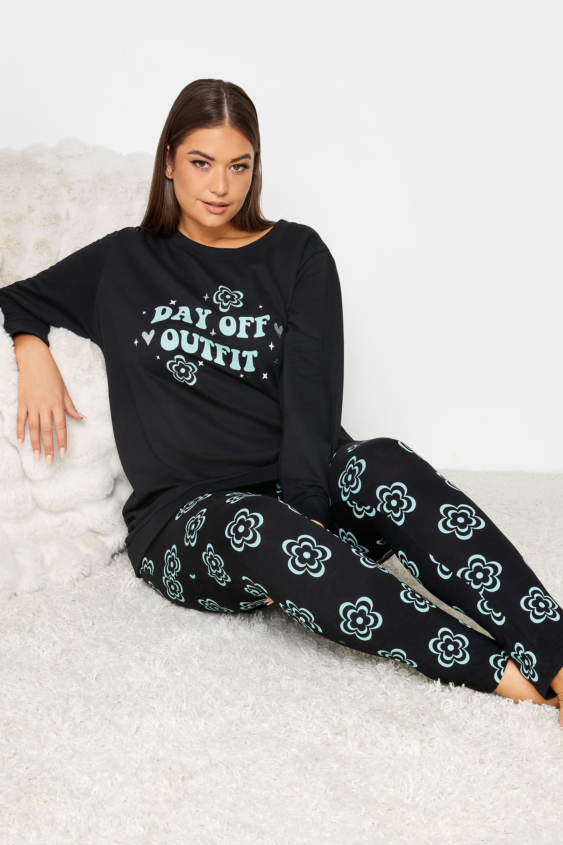 YOURS Curve Black 'Day Off' Flower Print Lounge Set | Yours Clothing 2