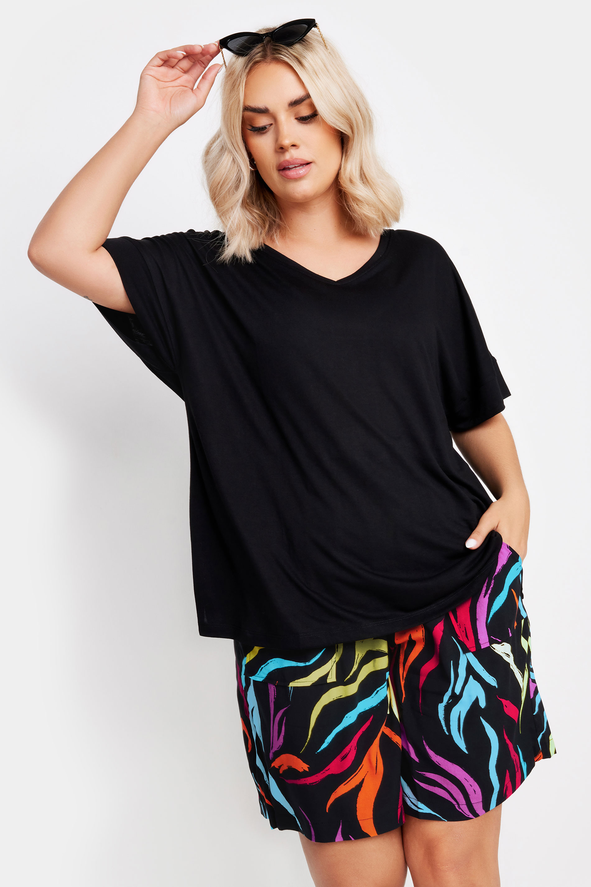 YOURS Plus Size Black Rainbow Zebra Print Paperbag Shorts | Yours Clothing 2