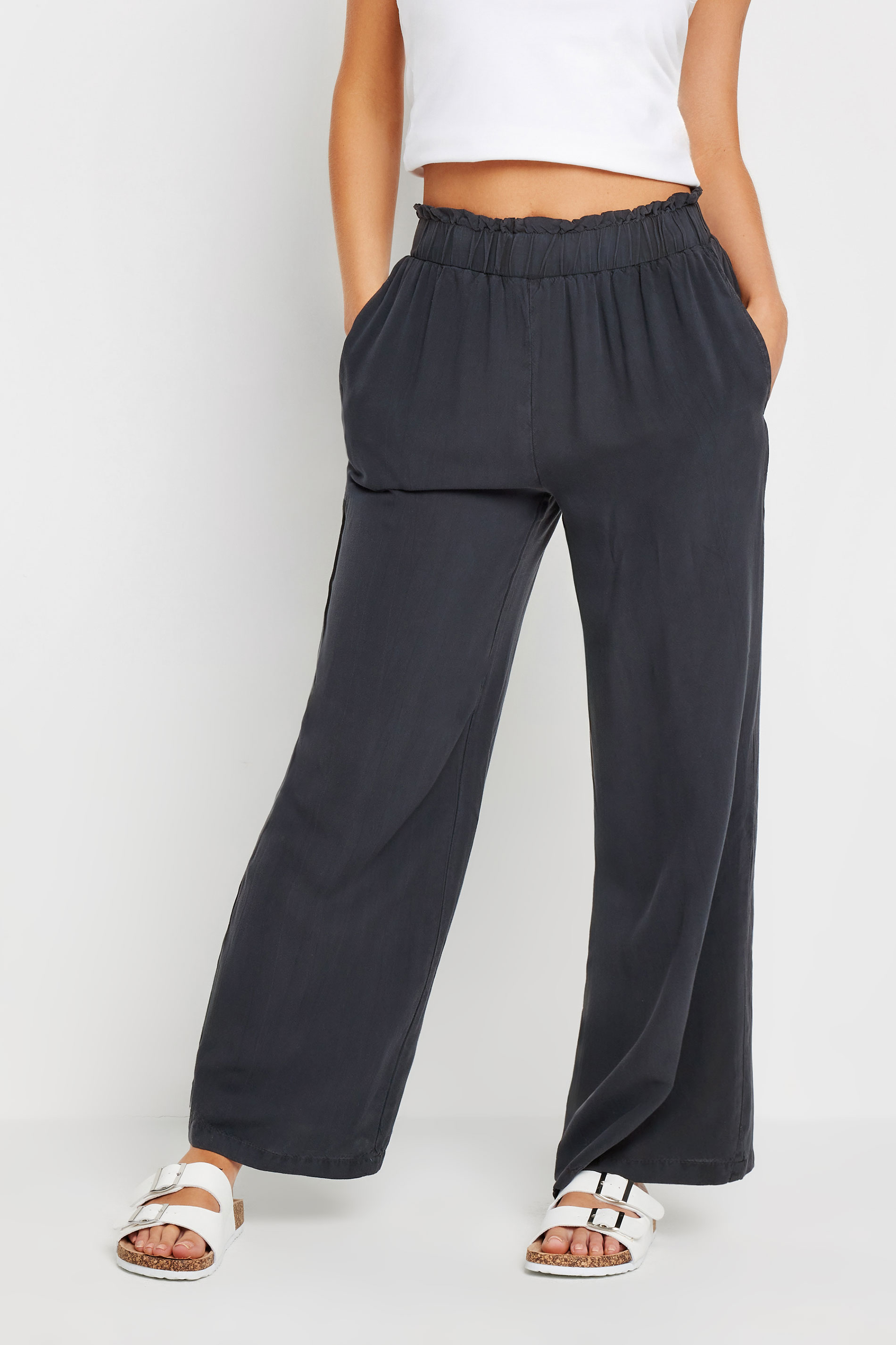PixieGirl Petite Women's Black Acid Wash Wide Leg Trousers | PixieGirl 1
