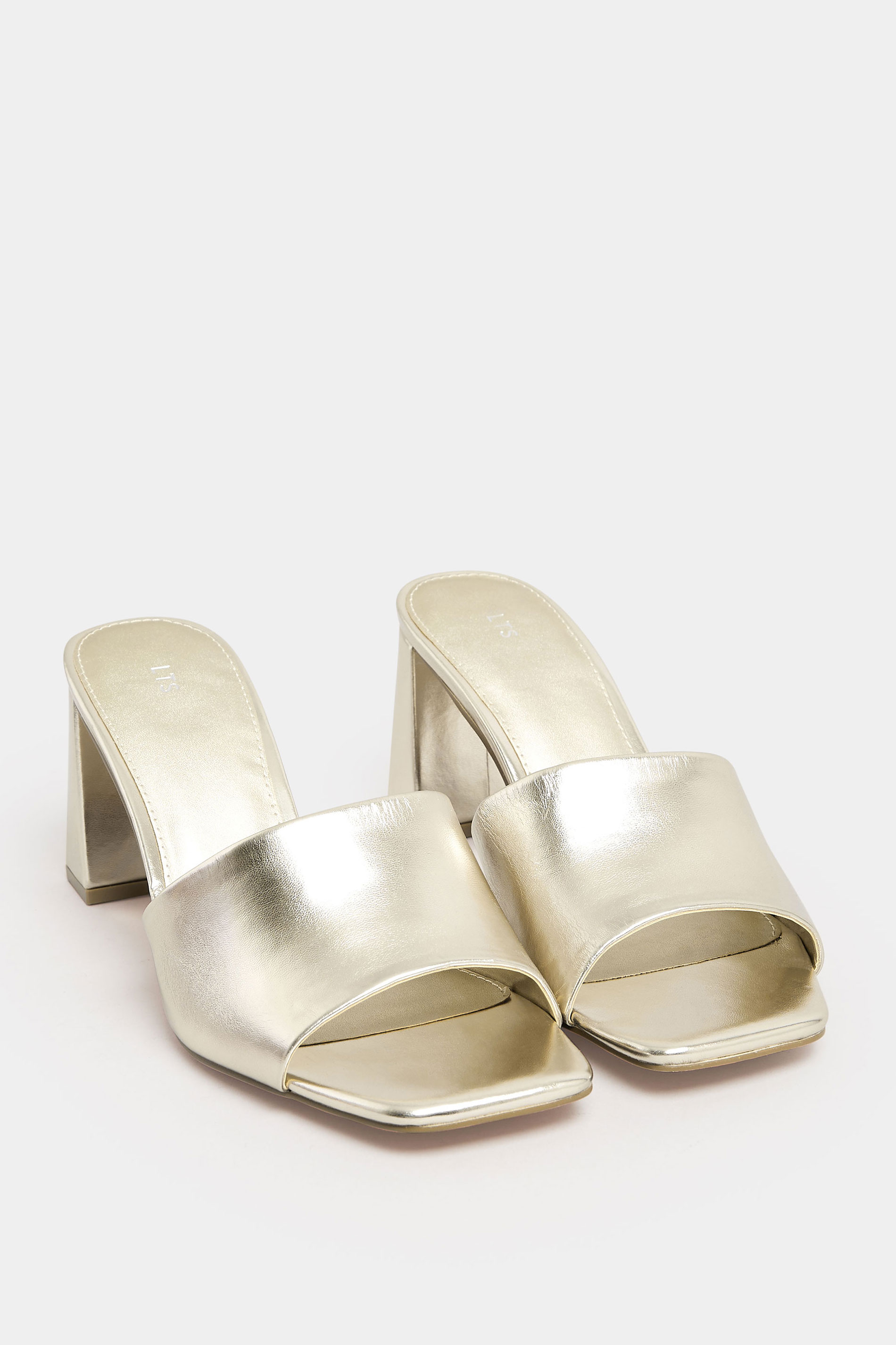 LTS Gold Faux Leather Block Heel Mules In Standard Fit | Long Tall Sally