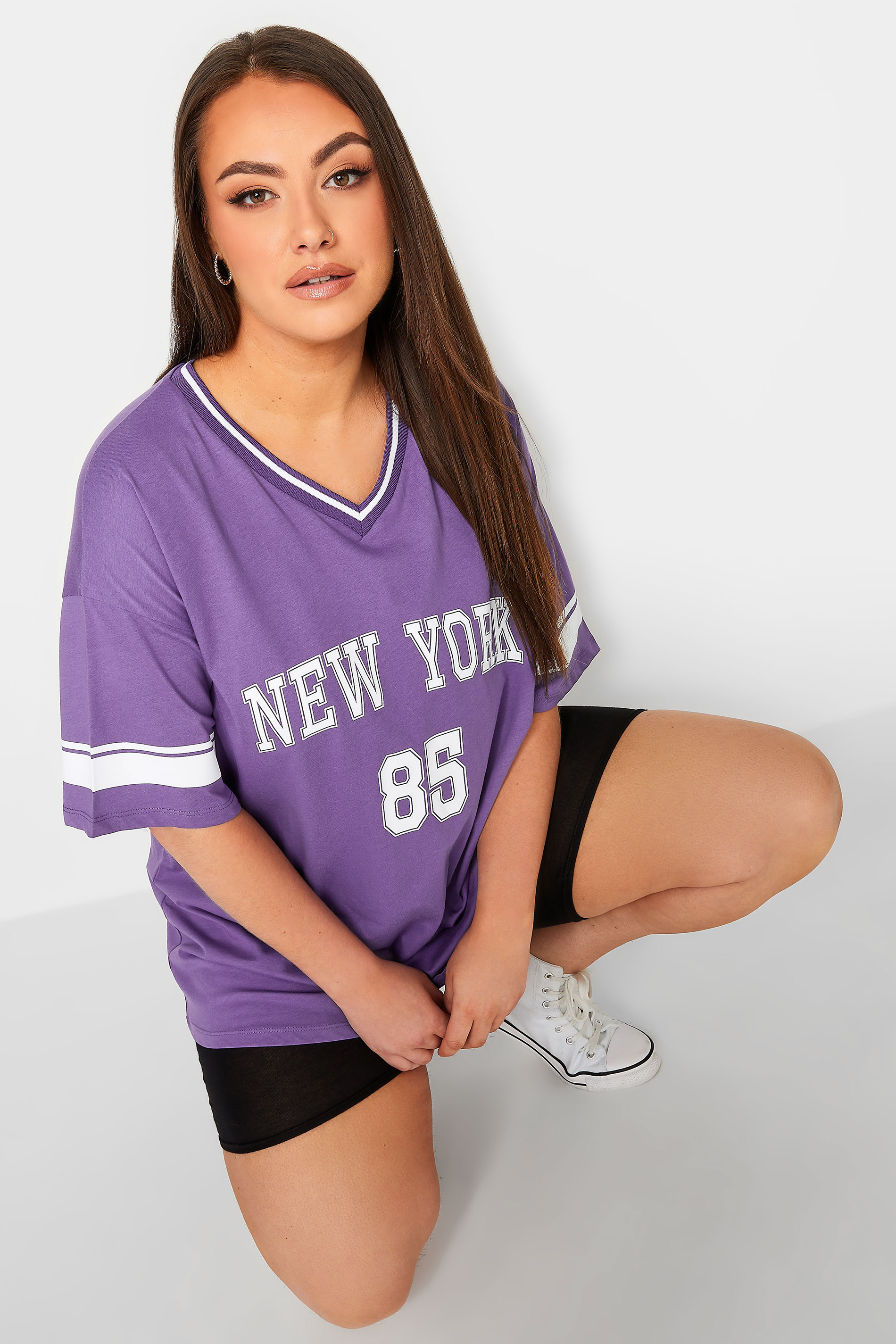 Plus Size Yours Curve Dark Purple 'New York' Slogan Varsity Tshirt Size 12 | Women's Plus Size and Curve Fashion