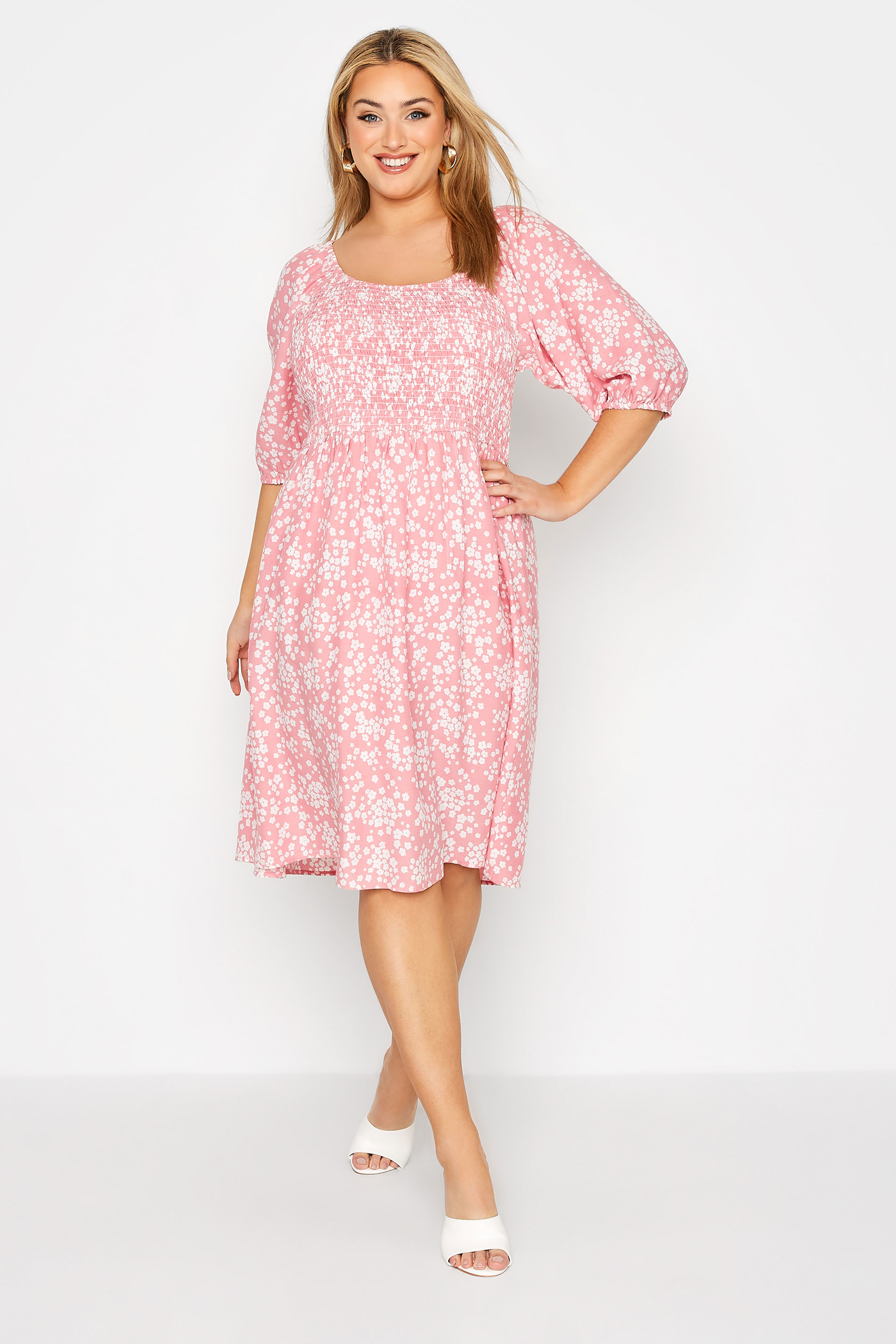 Curve Pink & White Floral Shirred Balloon Sleeve Midi Dress 1