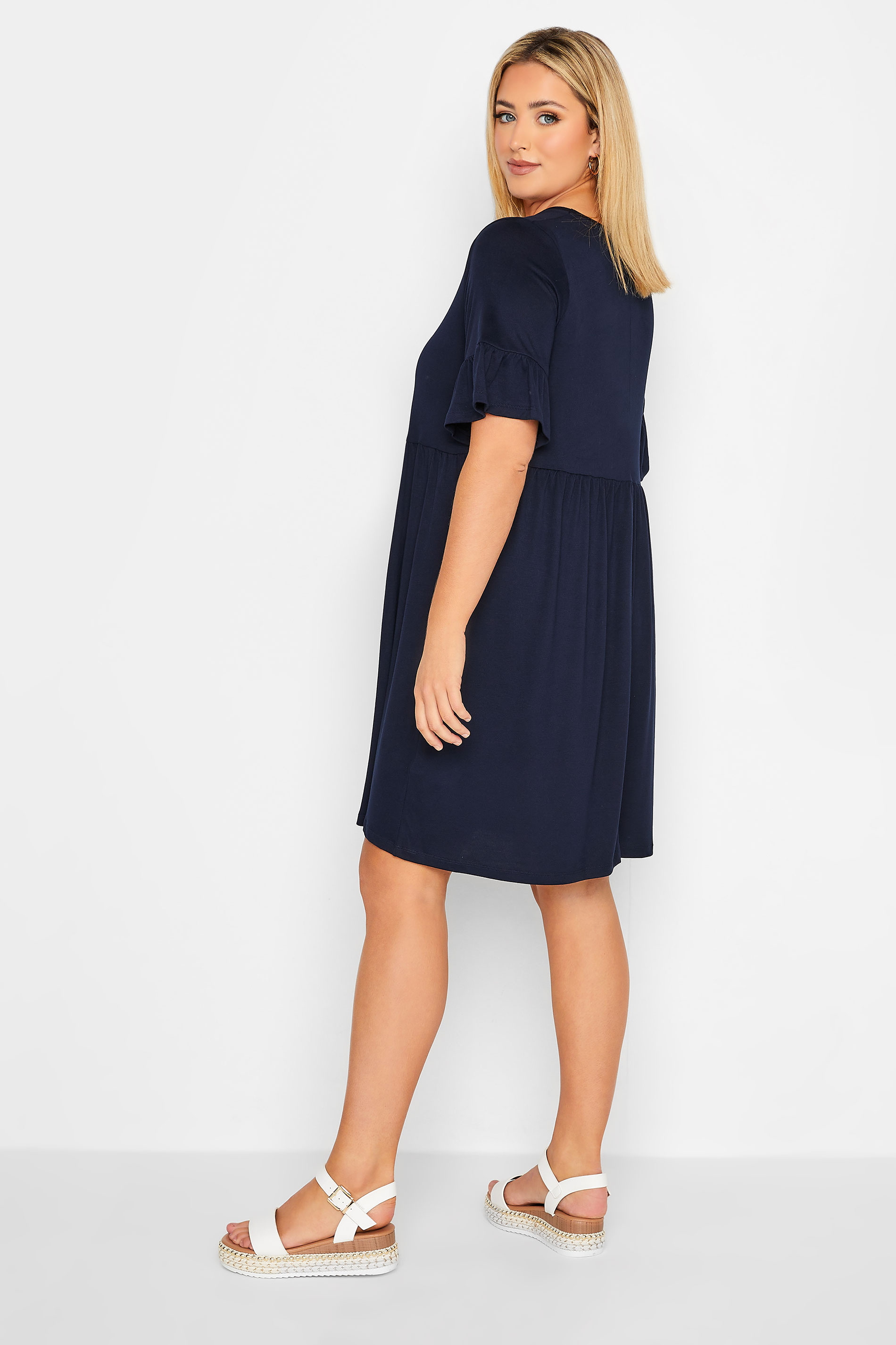 YOURS Plus Size Navy Blue Frill Sleeve Smock Dress | Yours Clothing 3