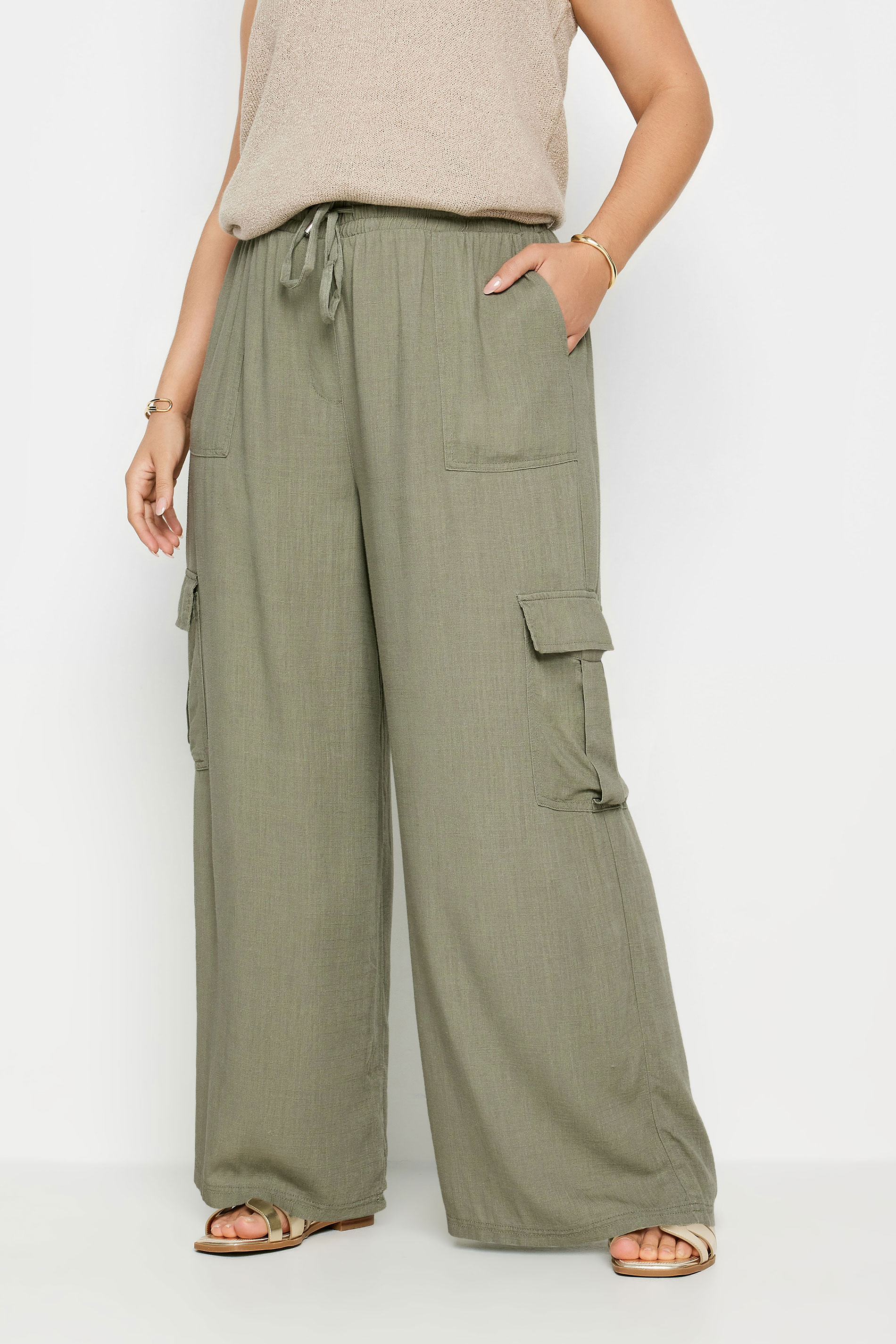 YOURS Plus Size Khaki Green Linen Wide Leg Cargo Trousers | Yours Clothing 2