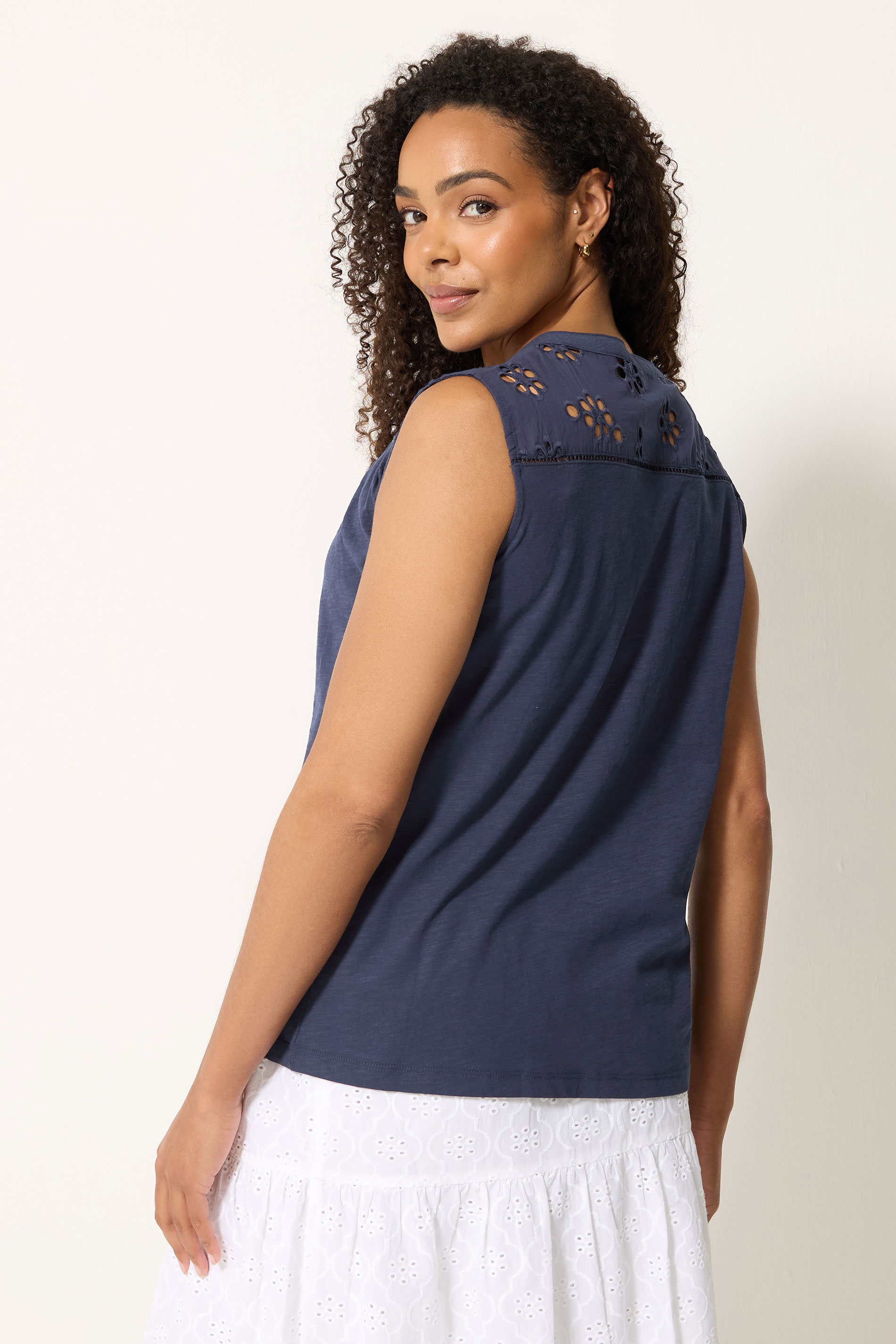 M&Co Navy Blue Floral Embroidered Cotton Vest Top | M&Co 2