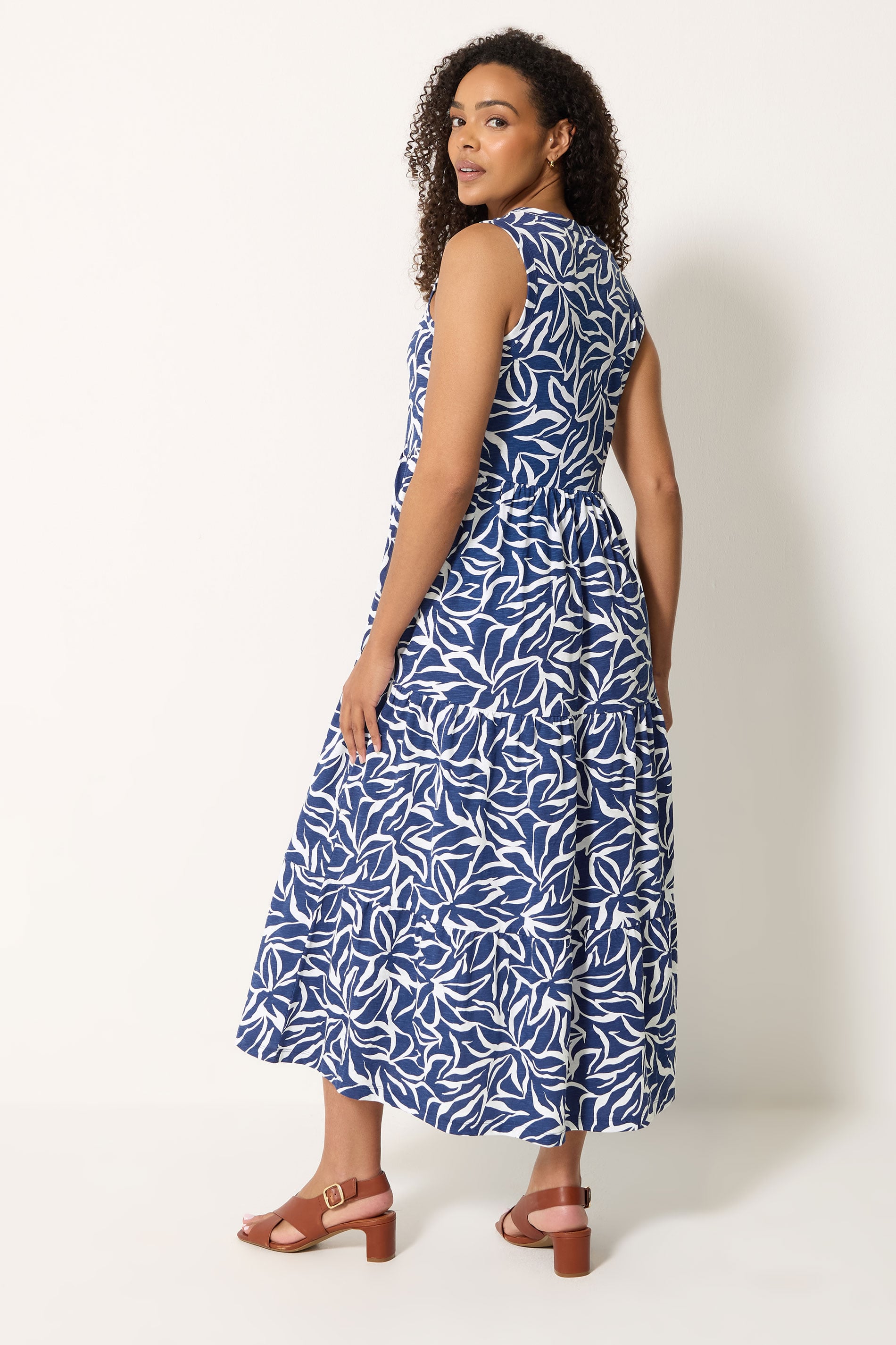 M&Co Navy Blue Abstract Print Cotton Tiered Maxi Dress | M&Co 4