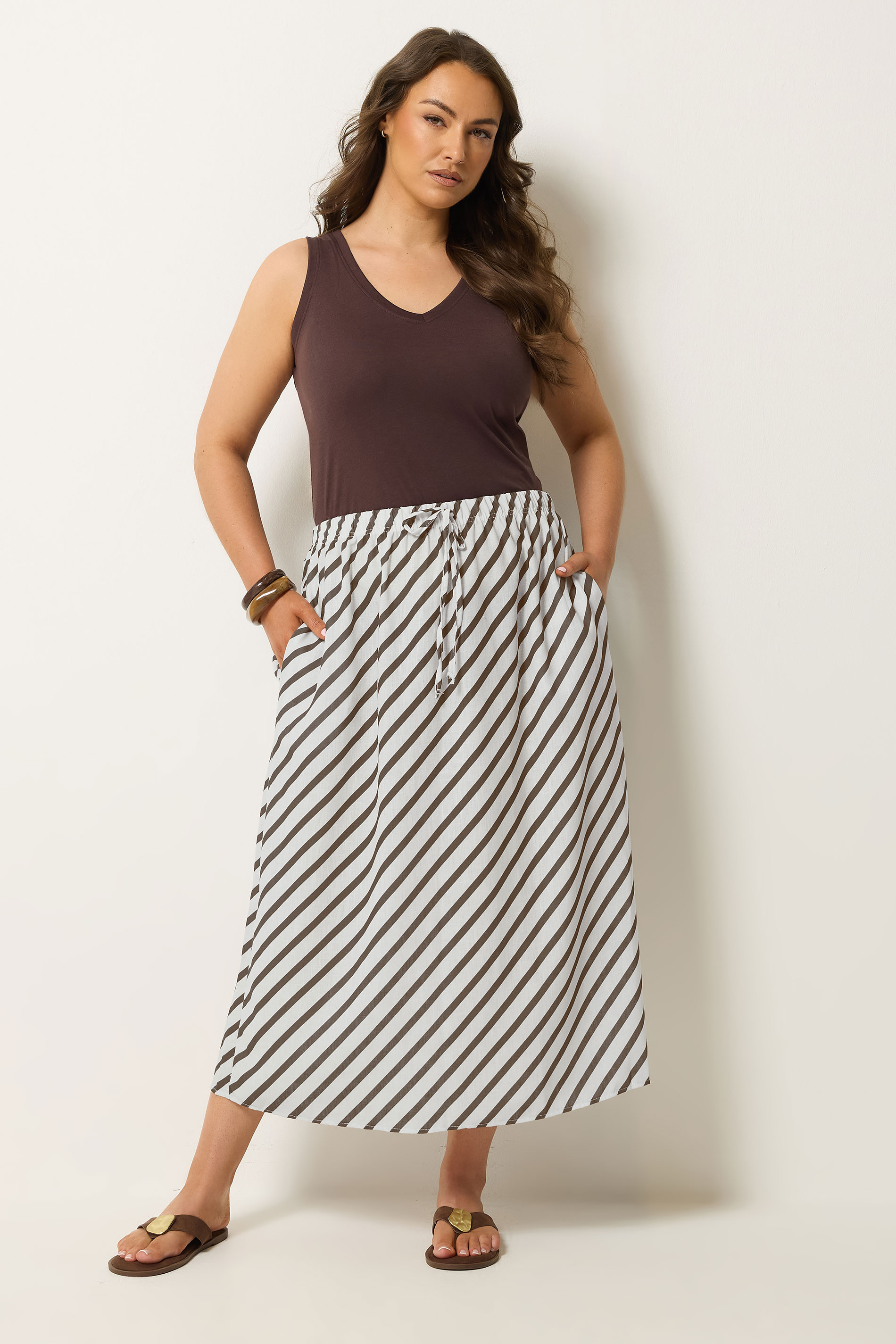 YOURS Plus Size Chocolate Brown Linen Look Stripe Skirt | Yours Clothing 1