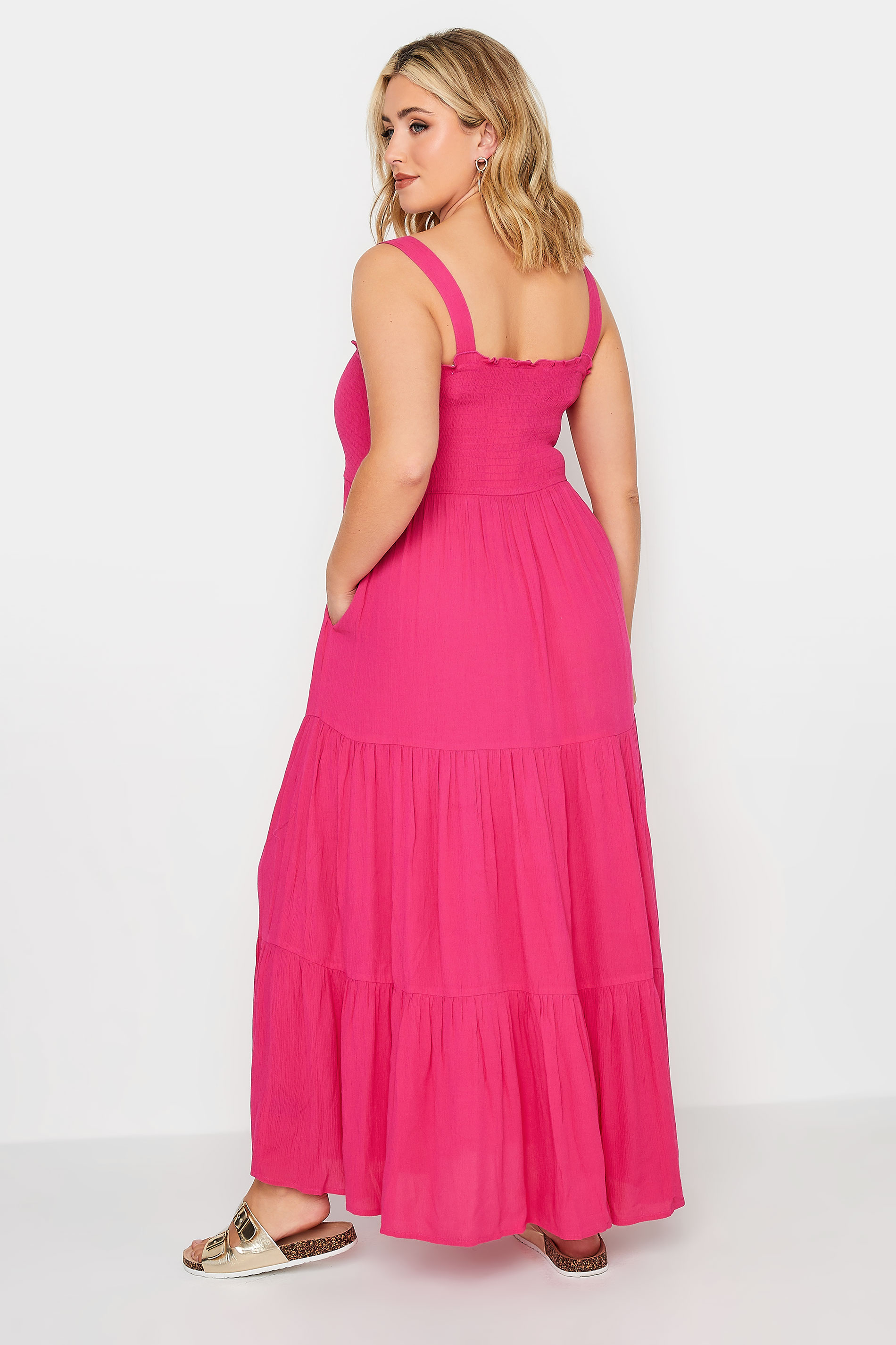 YOURS Plus Size Hot Pink Shirred Strappy Sundress | Yours Clothing