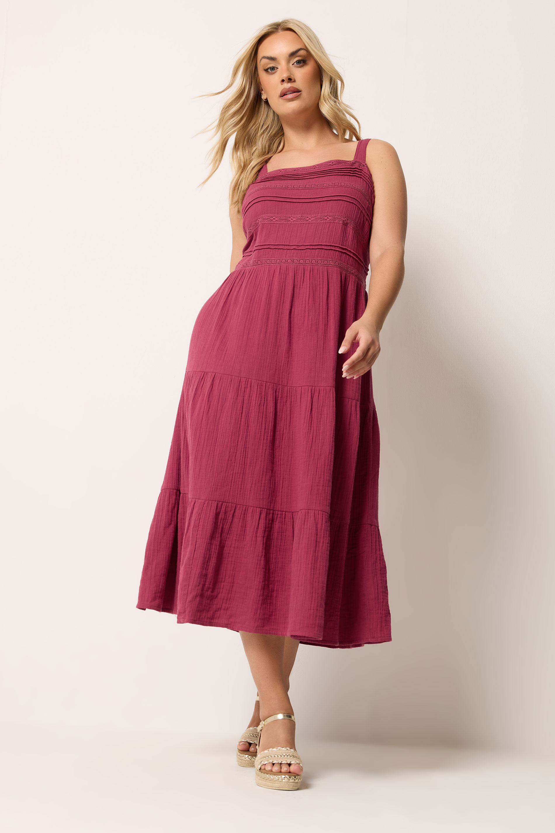 YOURS Plus Size Pink Cheesecloth Pleated Tiered Dress | Yours Clothing 1