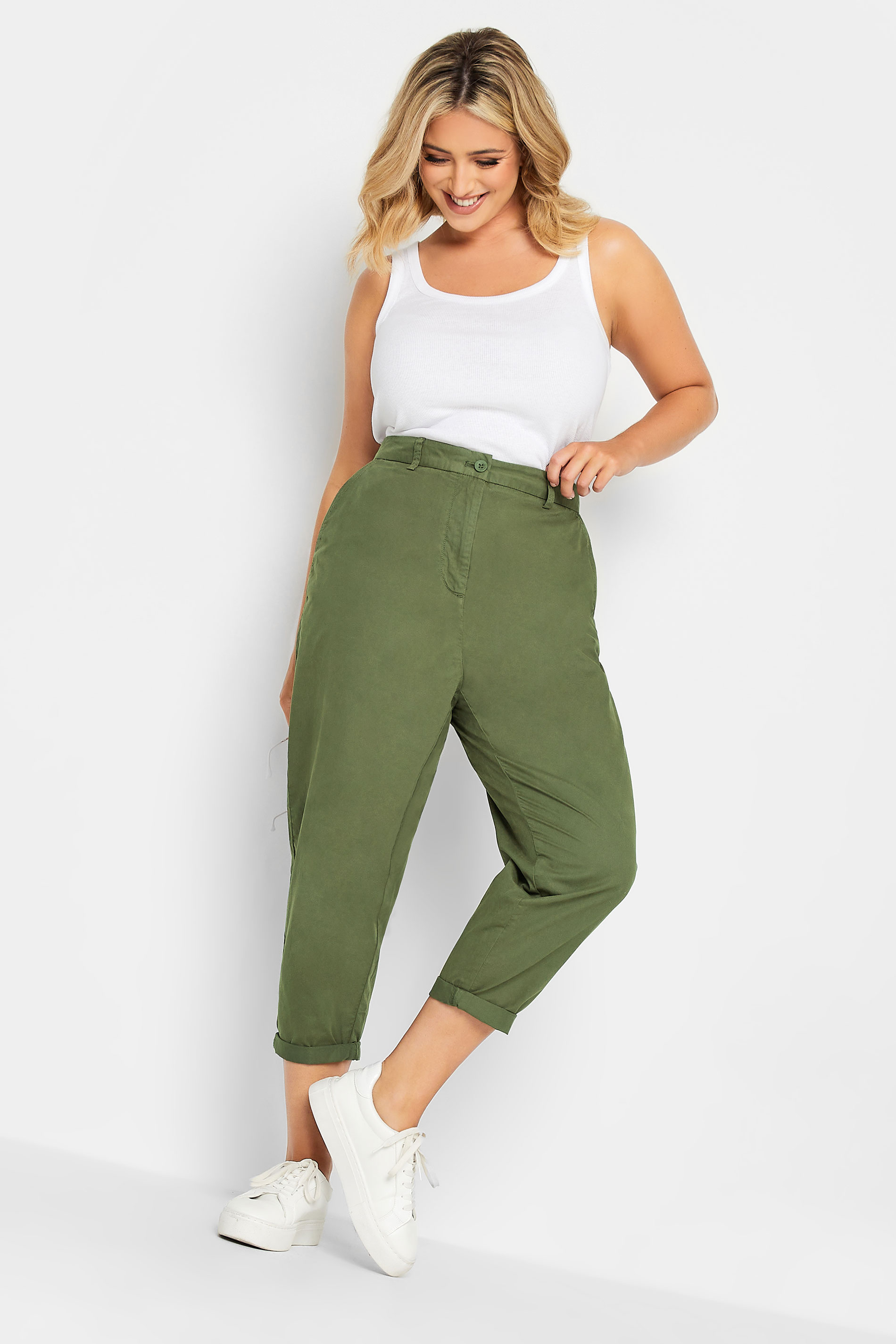 YOURS Plus Size Khaki Green Cropped Chino Trousers | Yours Clothing 2