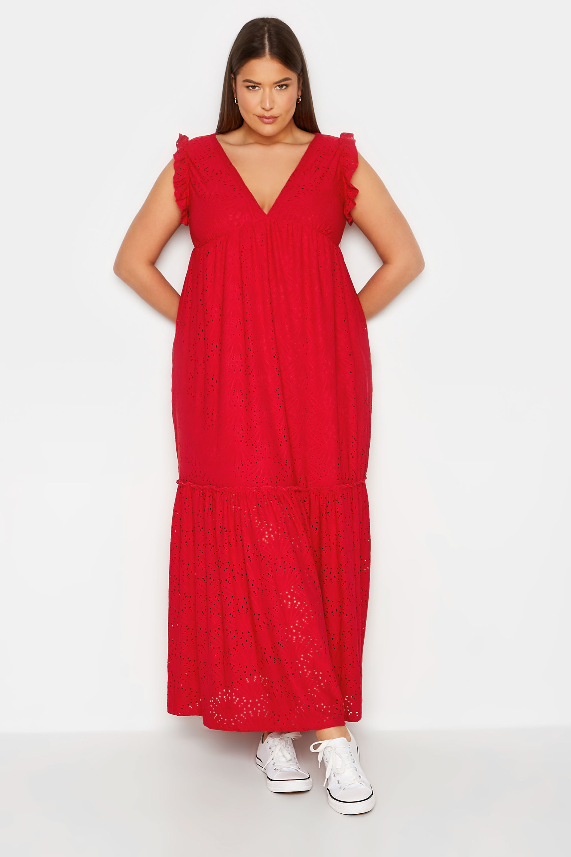 LTS Tall Red Broderie Anglaise Frill Maxi Dress | Long Tall Sally 1