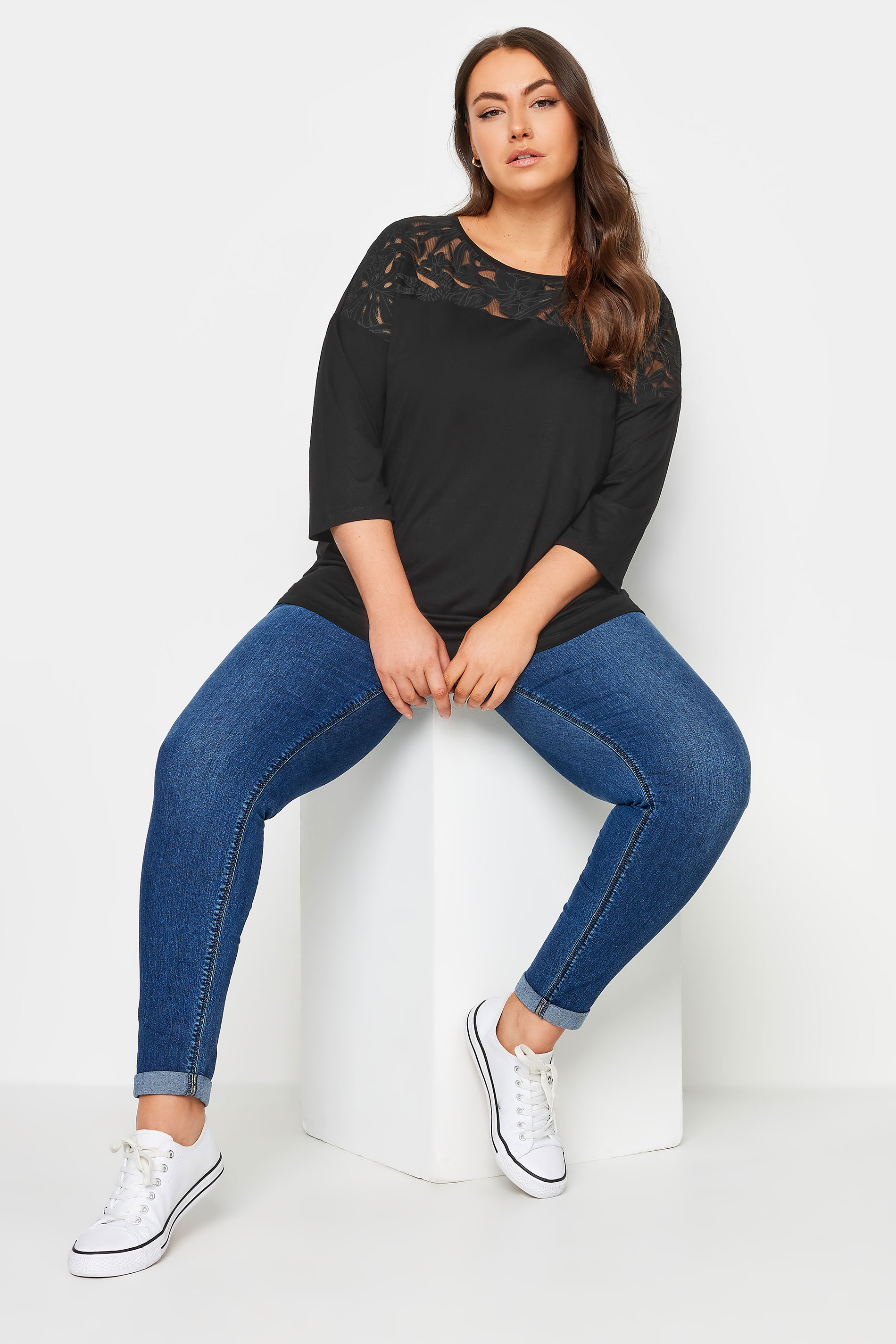 YOURS Plus Size Black Floral Mesh Detail Top | Yours Clothing 2