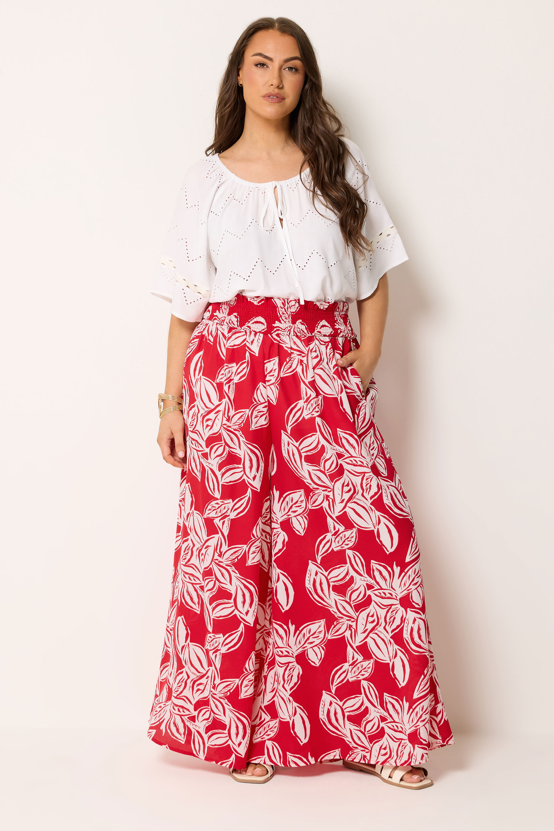 YOURS Plus Size Red Palm Leaf Wide Leg Trousers | Yours Clothing 3