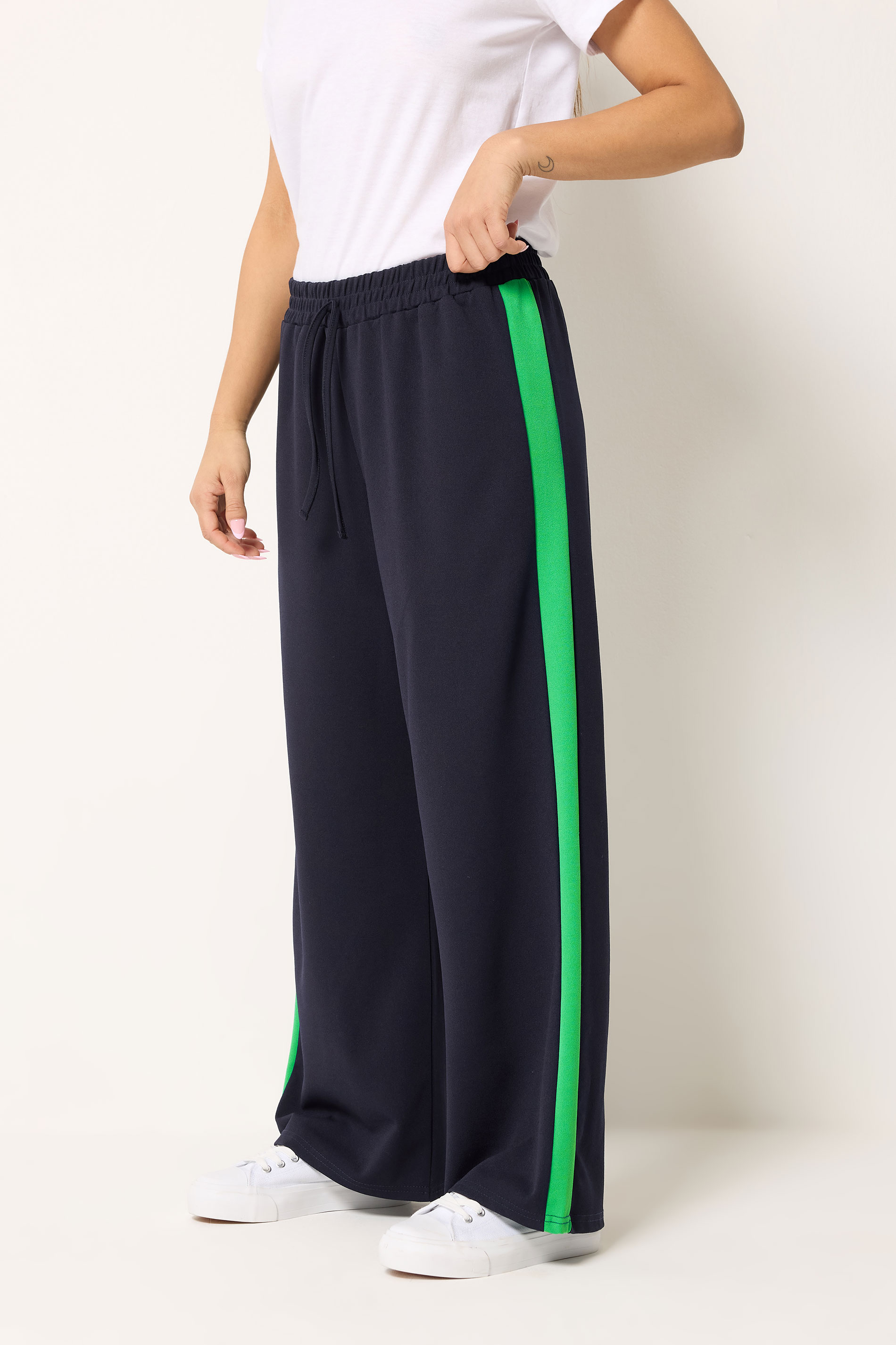 M&Co Petite Navy Blue & Green Wide Leg Side Stripe Trousers | M&Co 1