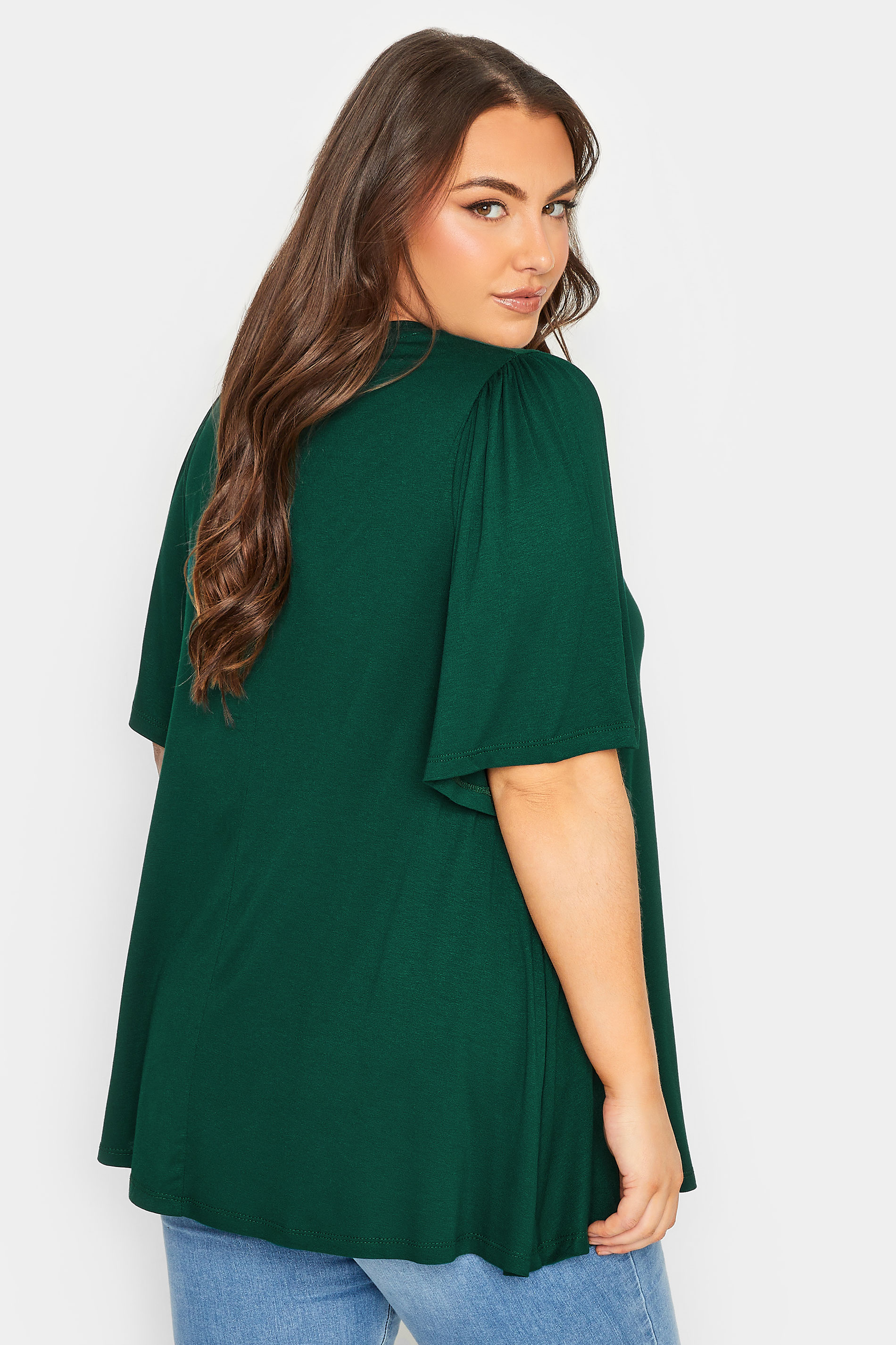Plus Size Forest Green Pleat Angel Sleeve Swing Top | Yours Clothing 3