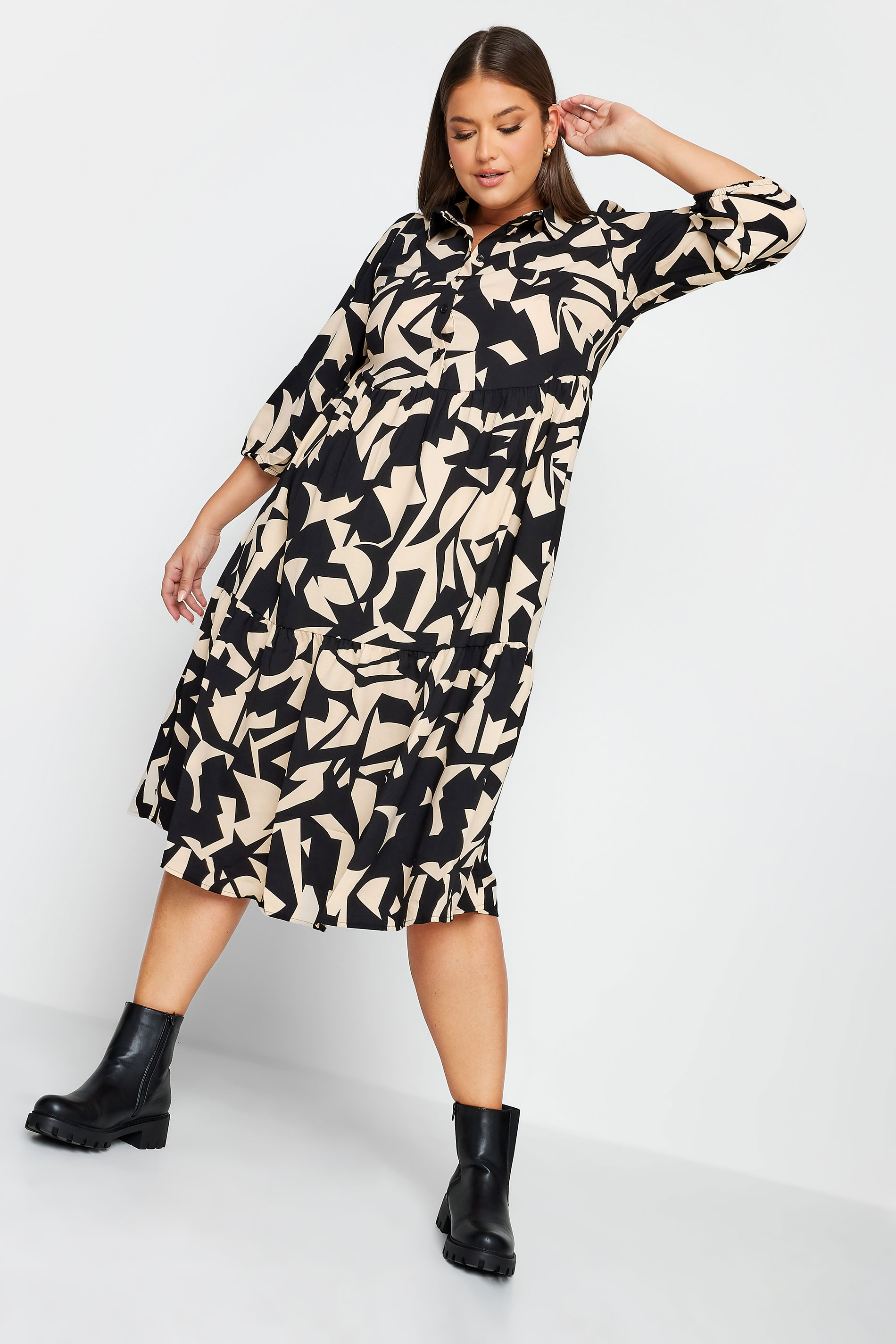 YOURS Curve Black Abstract Print Midi Shirt Dress | Yours Clothing 3