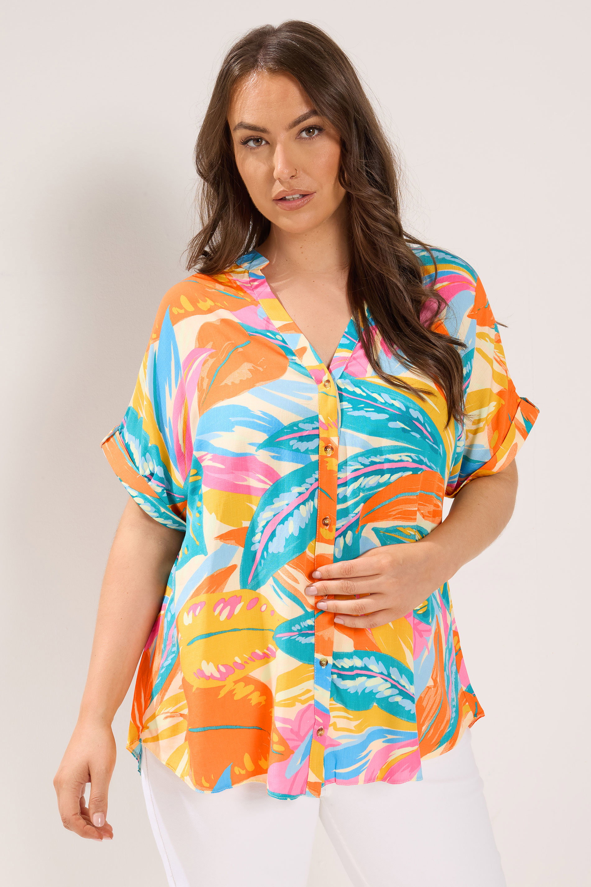 YOURS Plus Size Blue Tropical Tab Detail Shirt | Yours Clothing 3
