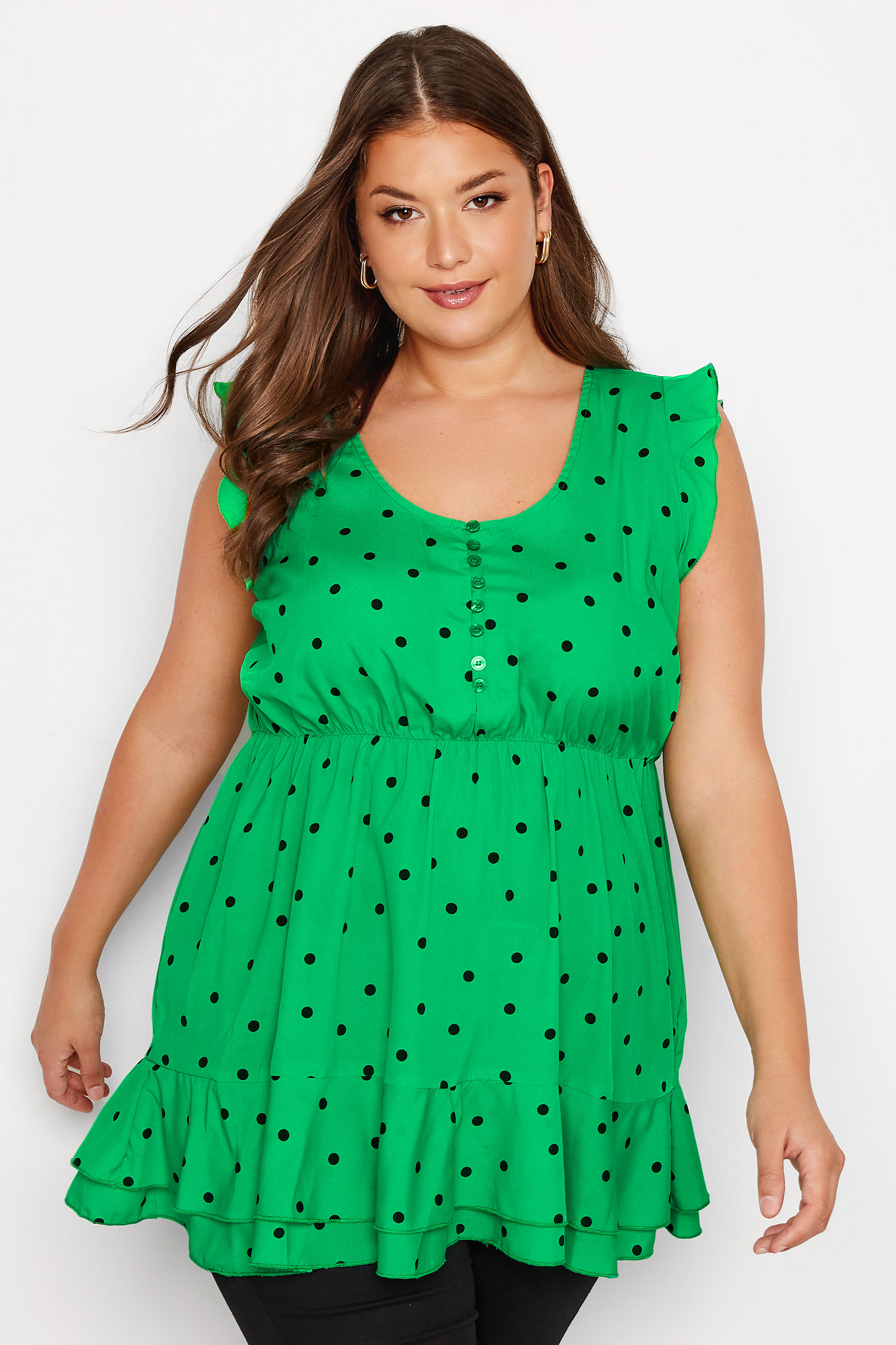 Plus Size Green Polka Dot Print Frill Sleeve Smock Top | Yours Clothing 1