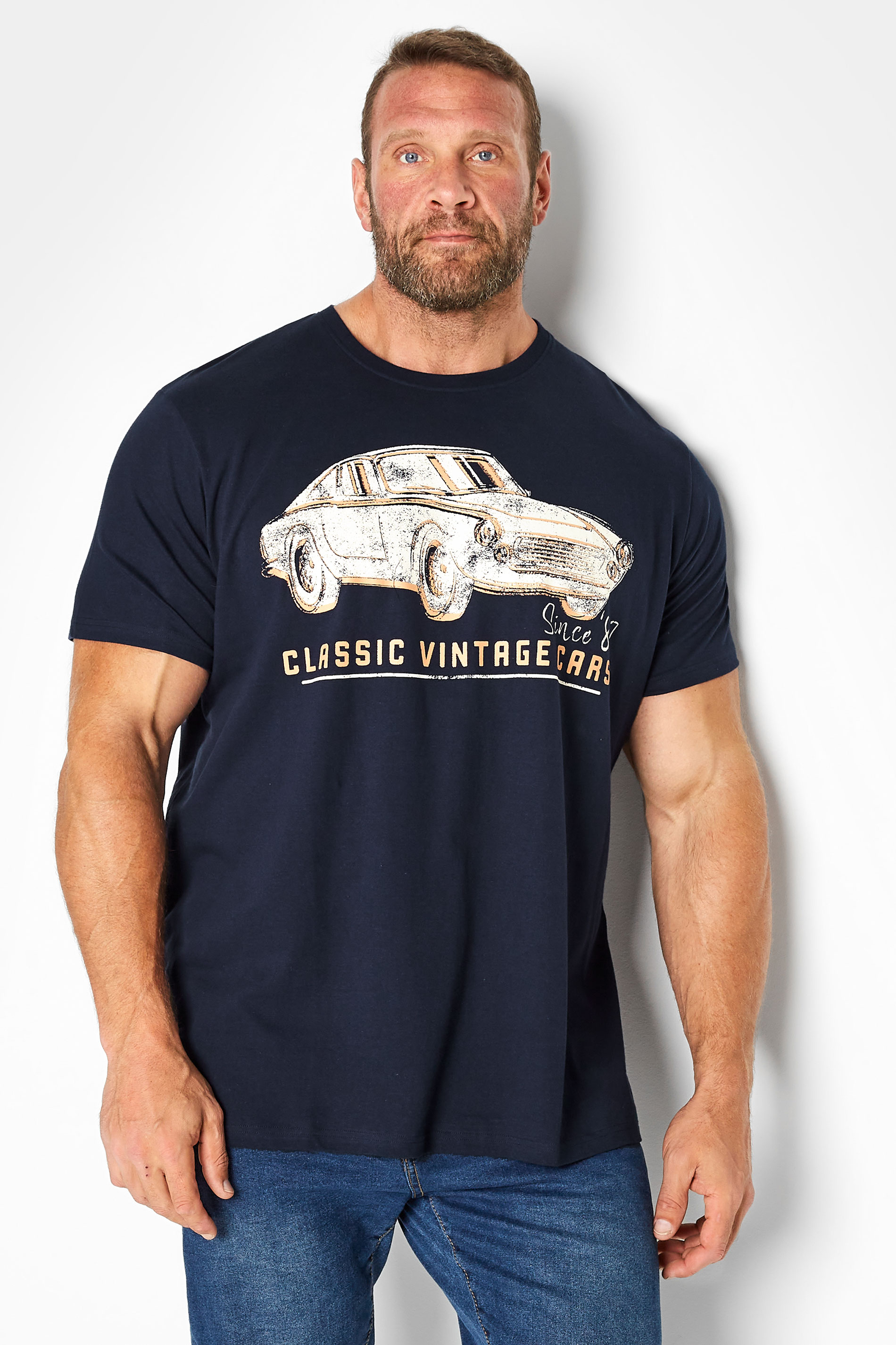 BadRhino Big & Tall Navy Blue 'Classic Vintage Cars' Graphic Print T-Shirt | BadRhino 1