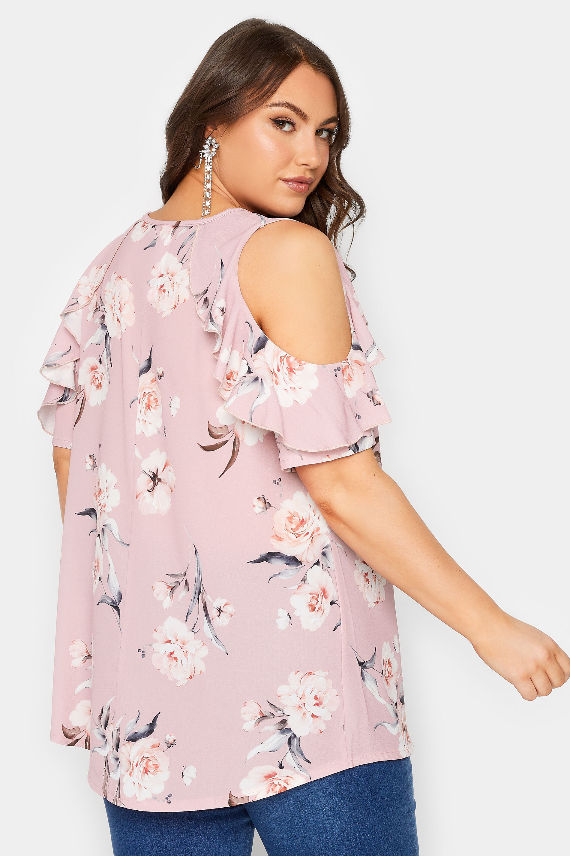 YOURS LONDON Plus Size Pink Floral Frill Cold Shoulder Top | Yours Clothing 3