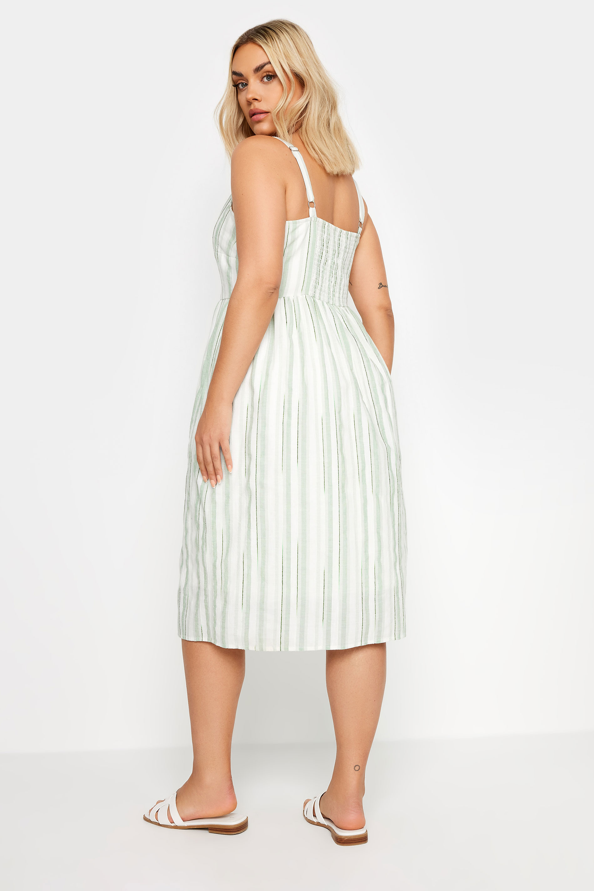 YOURS Plus Size White & Sage Green Stripe Sundress | Yours Clothing 3
