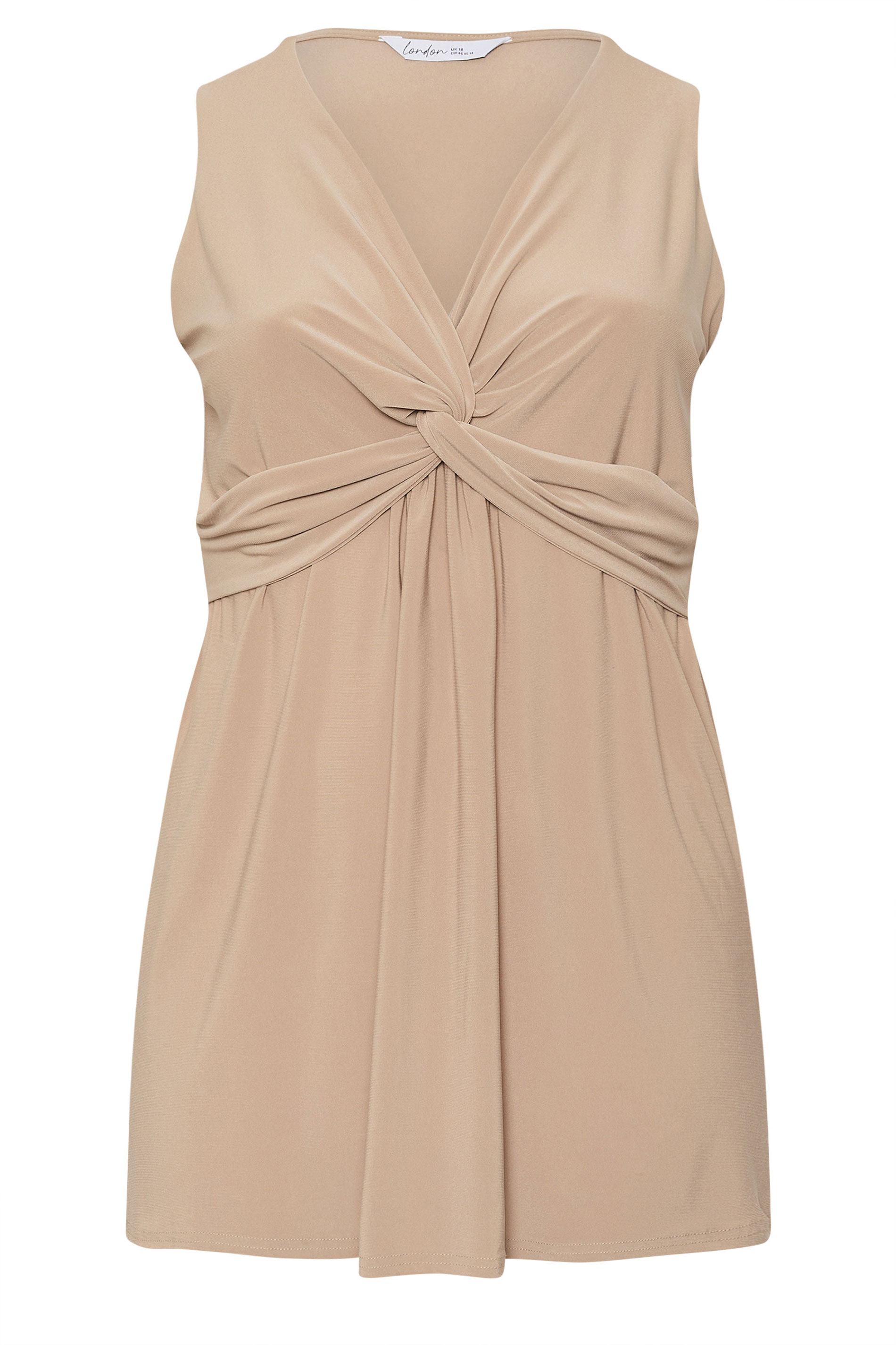 YOURS LONDON Plus Size Camel Brown Sleeveless Knot Front Top | Yours Clothing 5