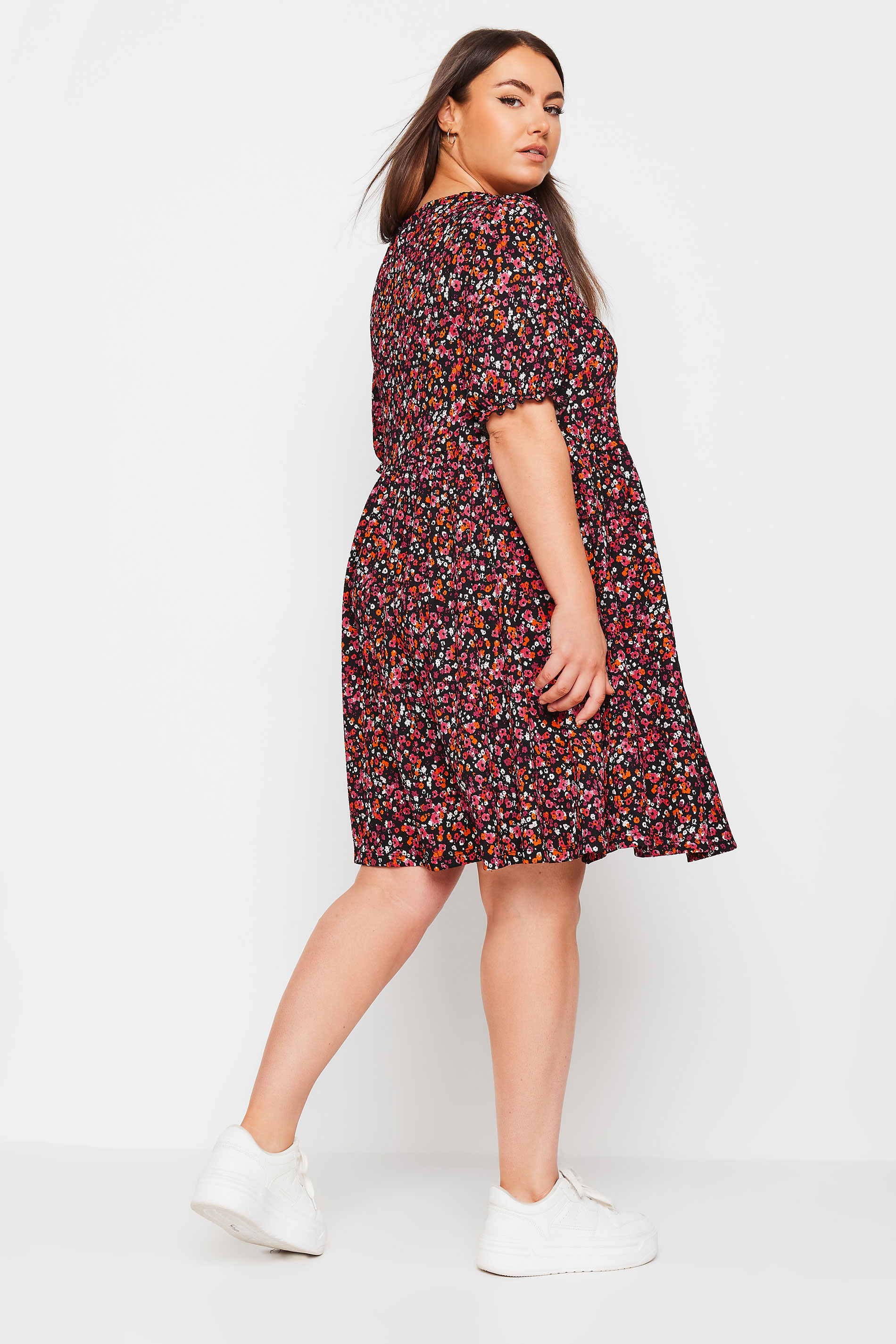 YOURS Plus Size Black Ditsy Floral Print Textured Smock Dress | Yours Clothing 3